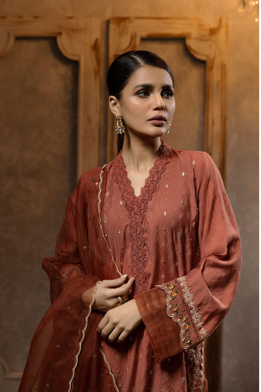 DA-2075 RUST EMBROIDERED KURTA WITH DUPATTA