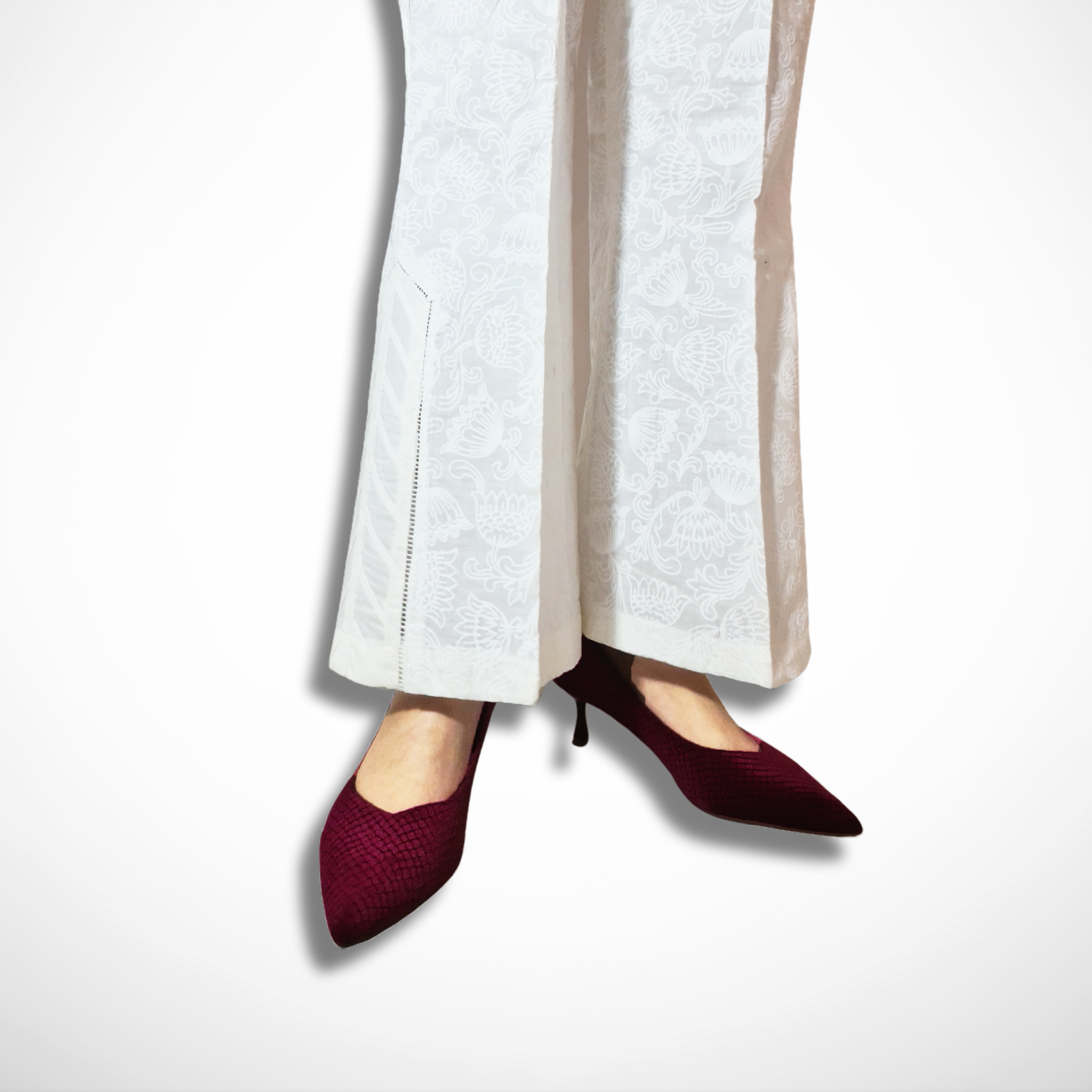 White Puff Embossed Printed Trouser with Side Details