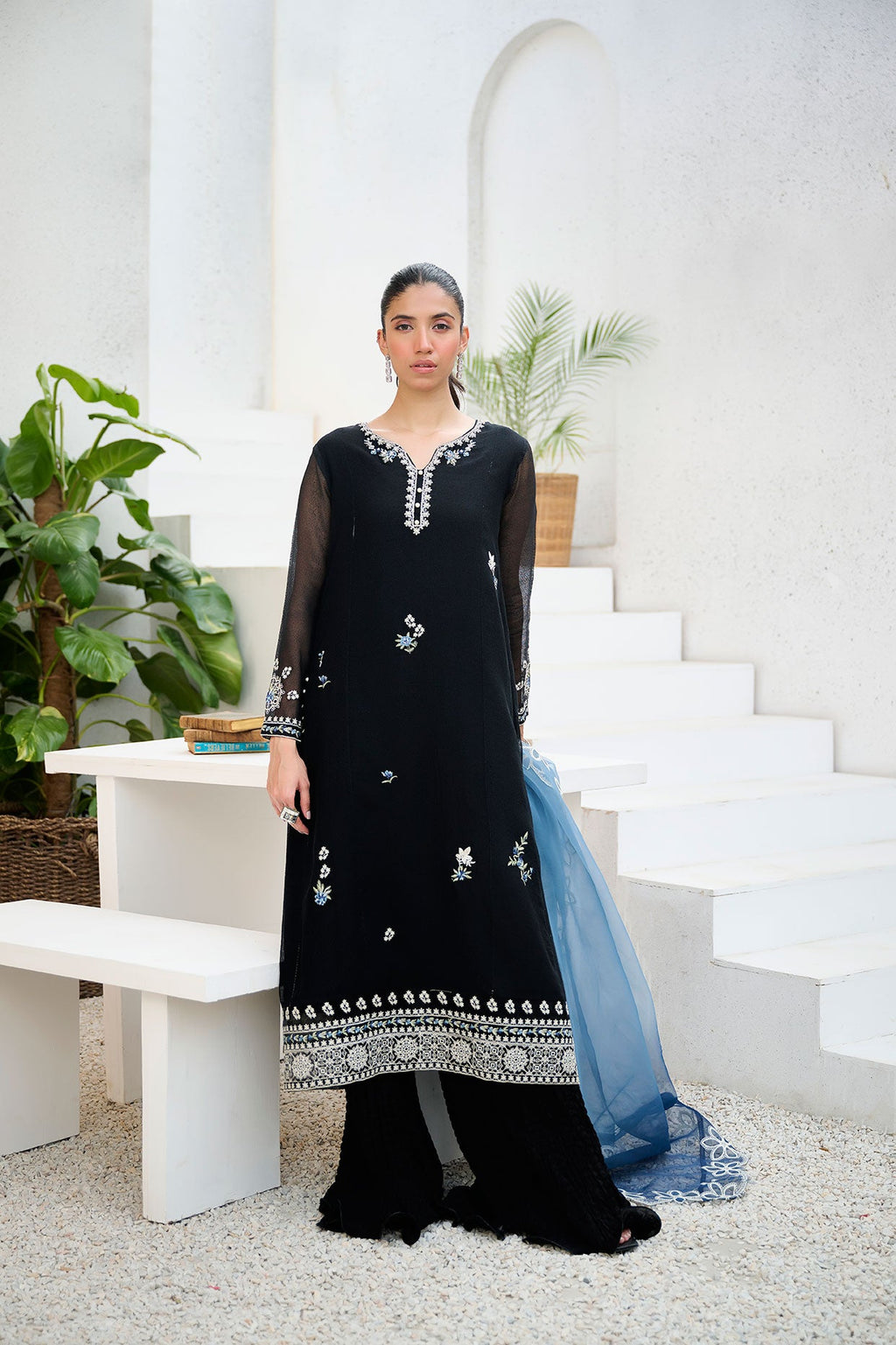 DA-2196 BLACK 2PCS  EMBROIDERED KURTA WITH TROUSER