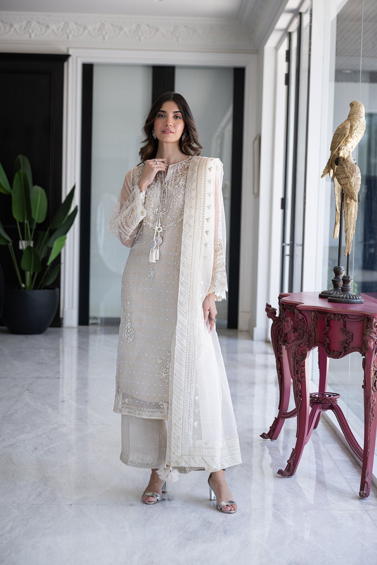 SS24DA-2432 OFF WHITE 2PCS  EMBROIDERED KURTA WITH TROUSER