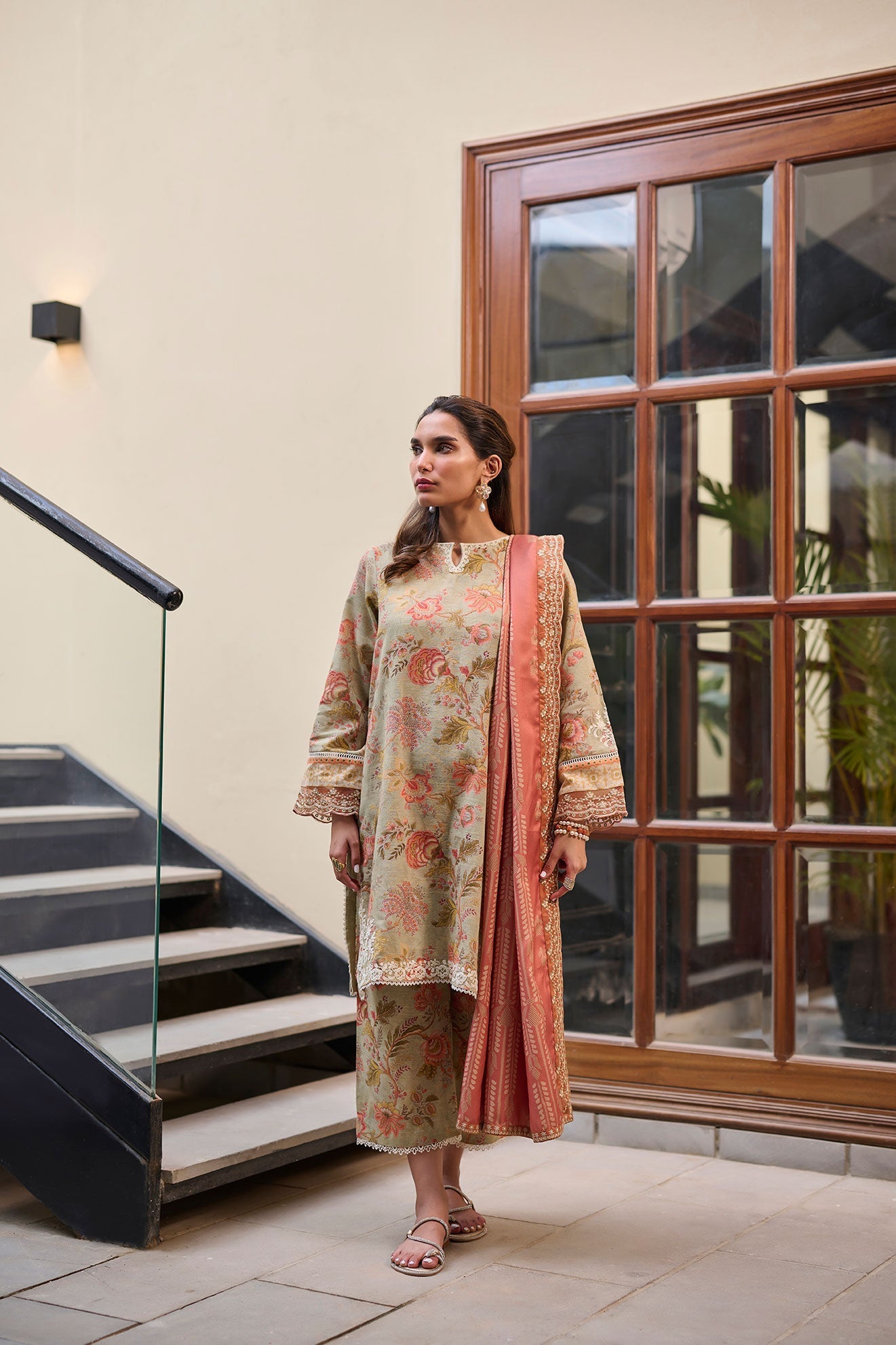 DC-2280 GREEN 2PCS  EMBROIDERED KURTA WITH TROUSER
