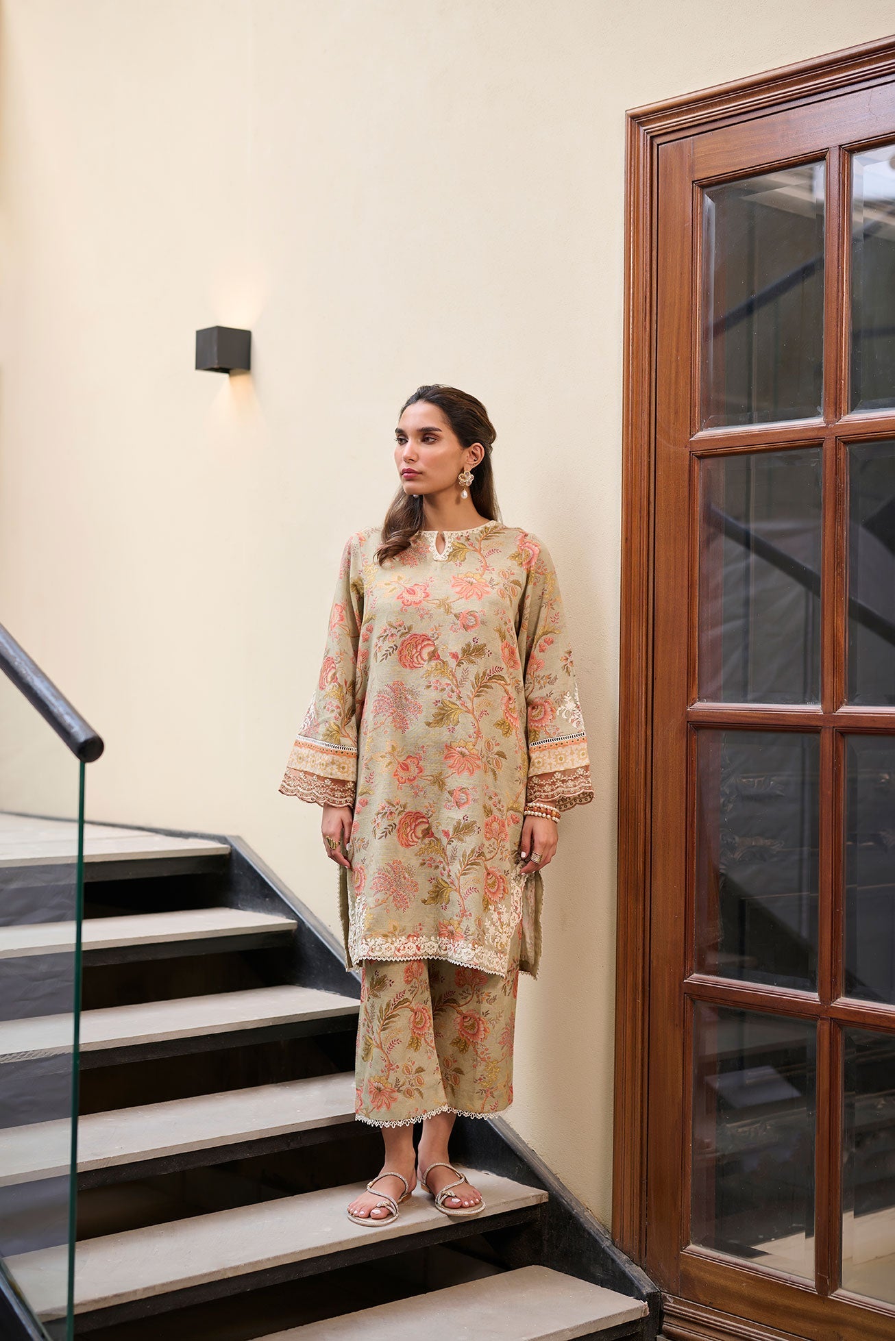 DC-2280 GREEN 2PCS  EMBROIDERED KURTA WITH TROUSER