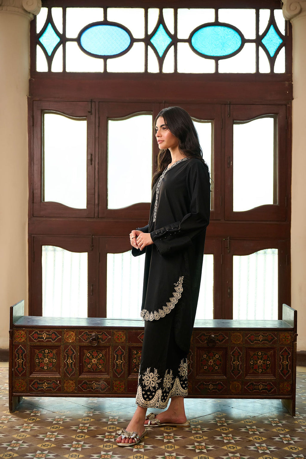 SS24DC-2327 BLACK 2PCS  EMBROIDERED KURTA WITH TROUSER