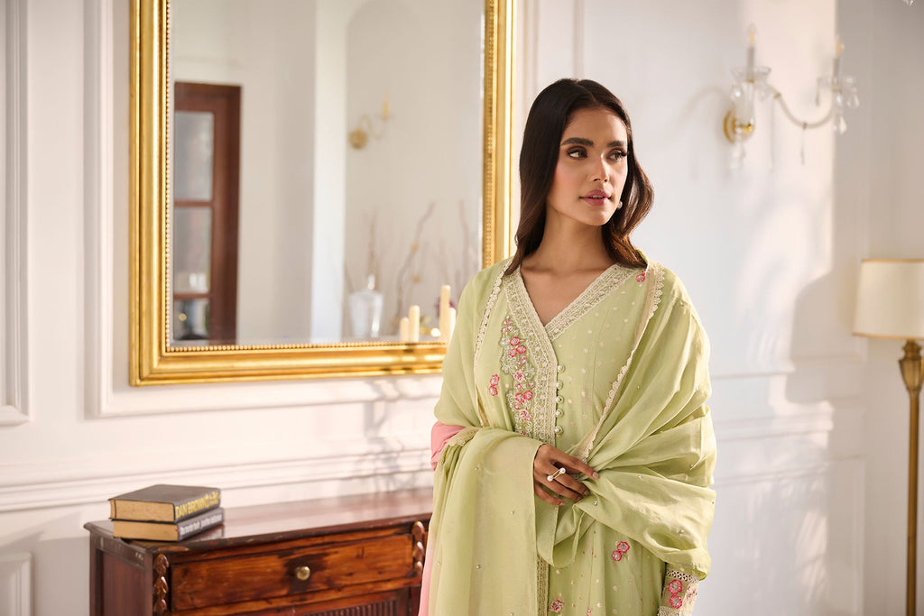 SS24DA-2378 LIGHT GREEN 2PCS  EMBROIDERED KURTA WITH TROUSER