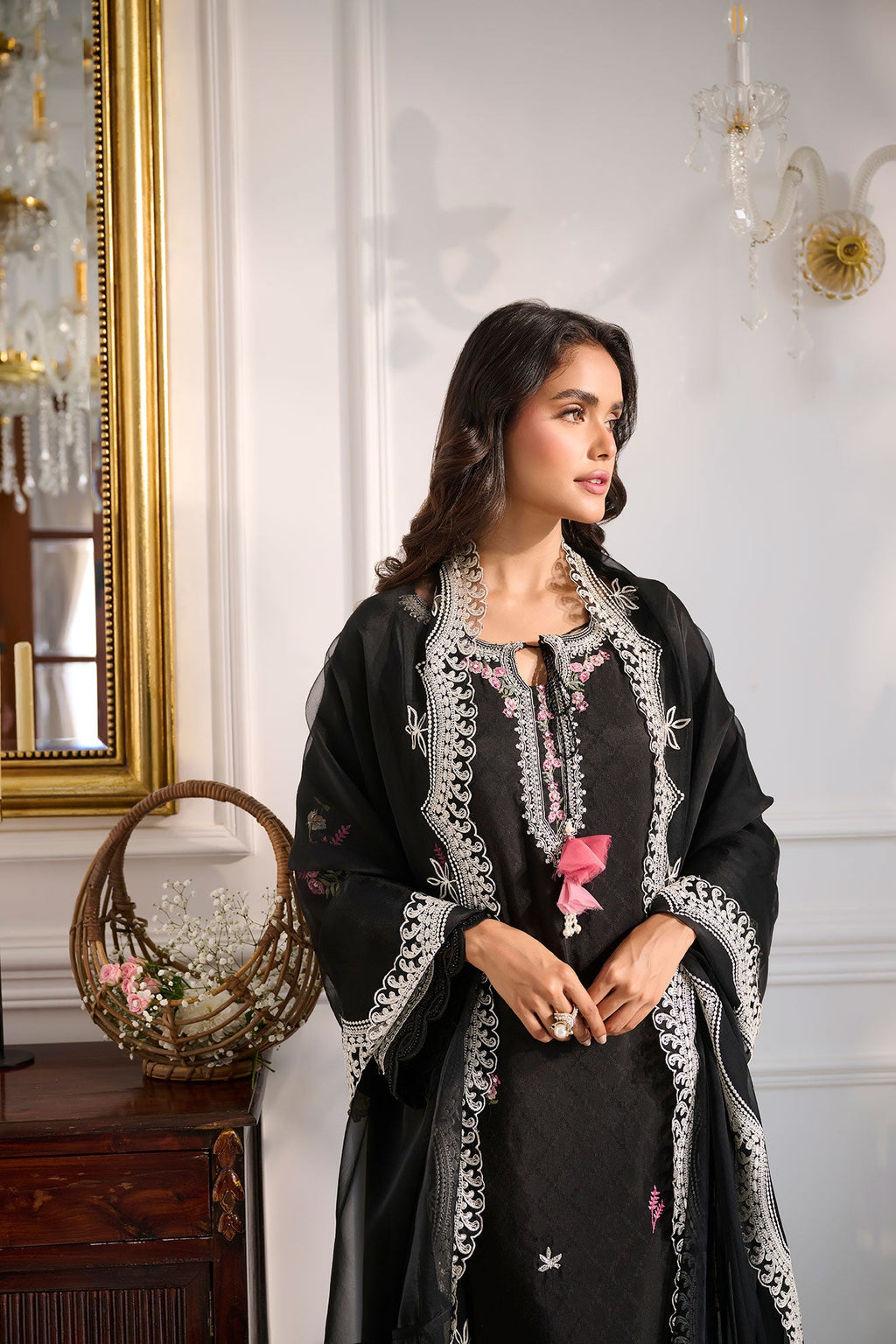 SS24DA-2377 BLACK 2PCS  EMBROIDERED KURTA WITH TROUSER