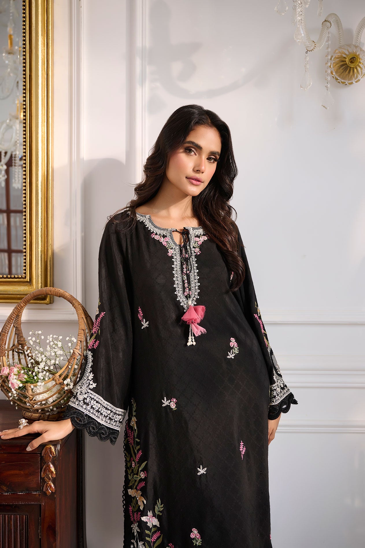 SS24DA-2377 BLACK 2PCS  EMBROIDERED KURTA WITH TROUSER