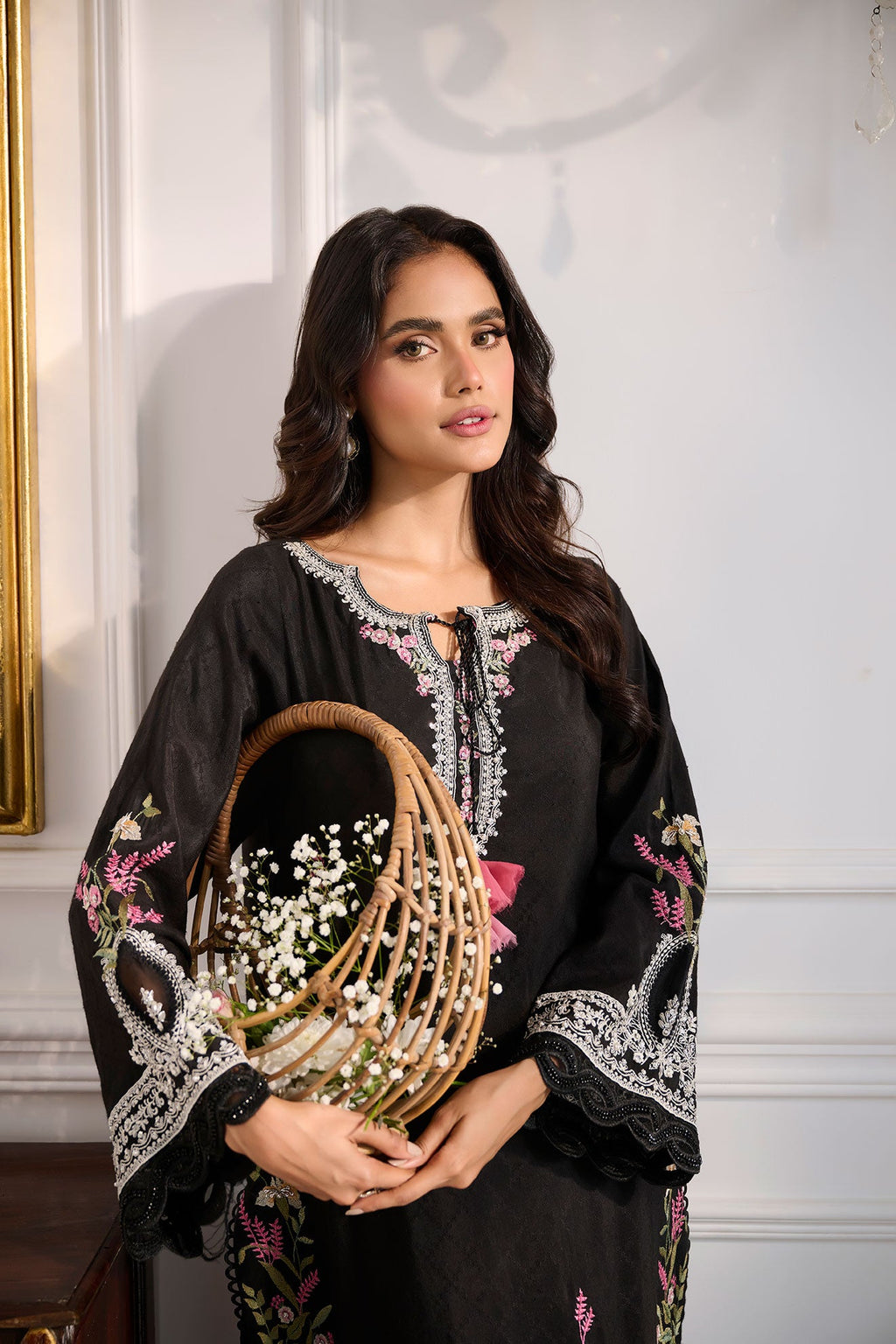 SS24DA-2377 BLACK 2PCS  EMBROIDERED KURTA WITH TROUSER