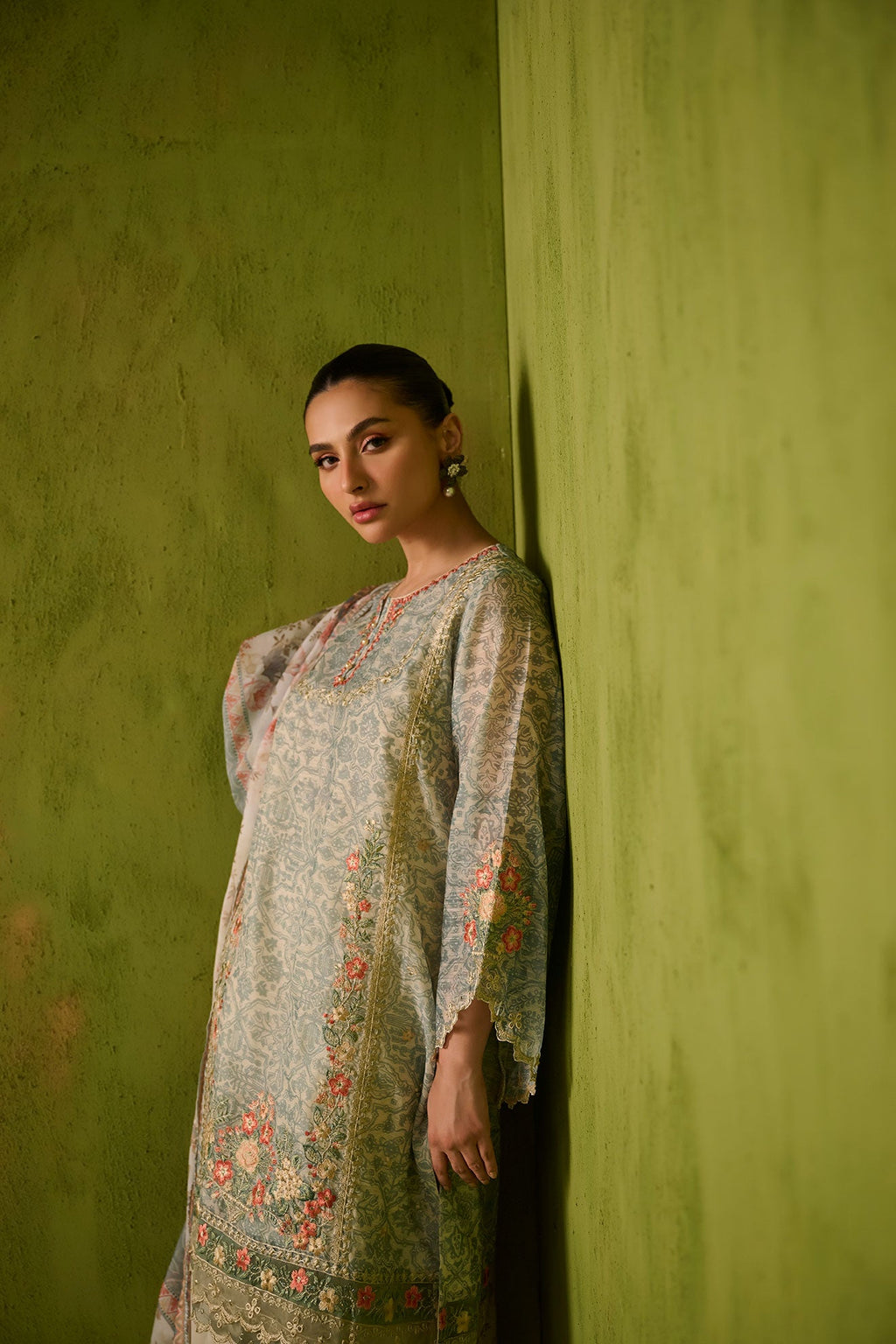 SS24DA-2470   GREEN  2PCS  EMBROIDERED KURTA WITH TROUSER