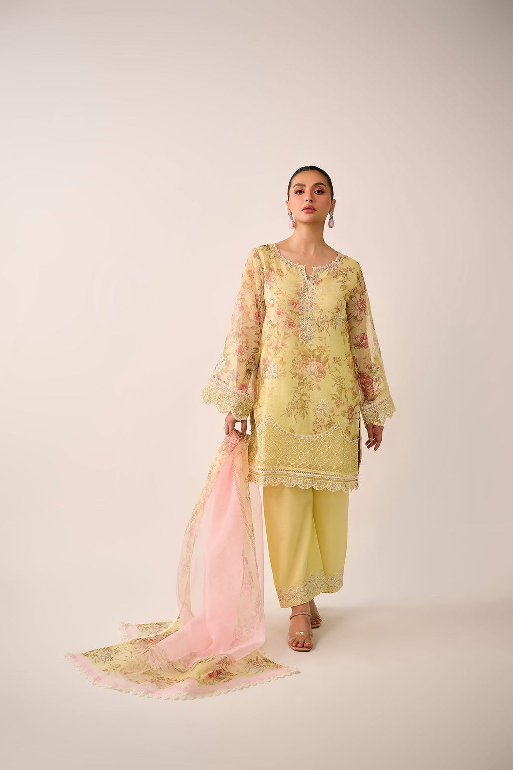 SS24DA-2466   LEMON YELLOW  2PCS  EMBROIDERED KURTA WITH TROUSER