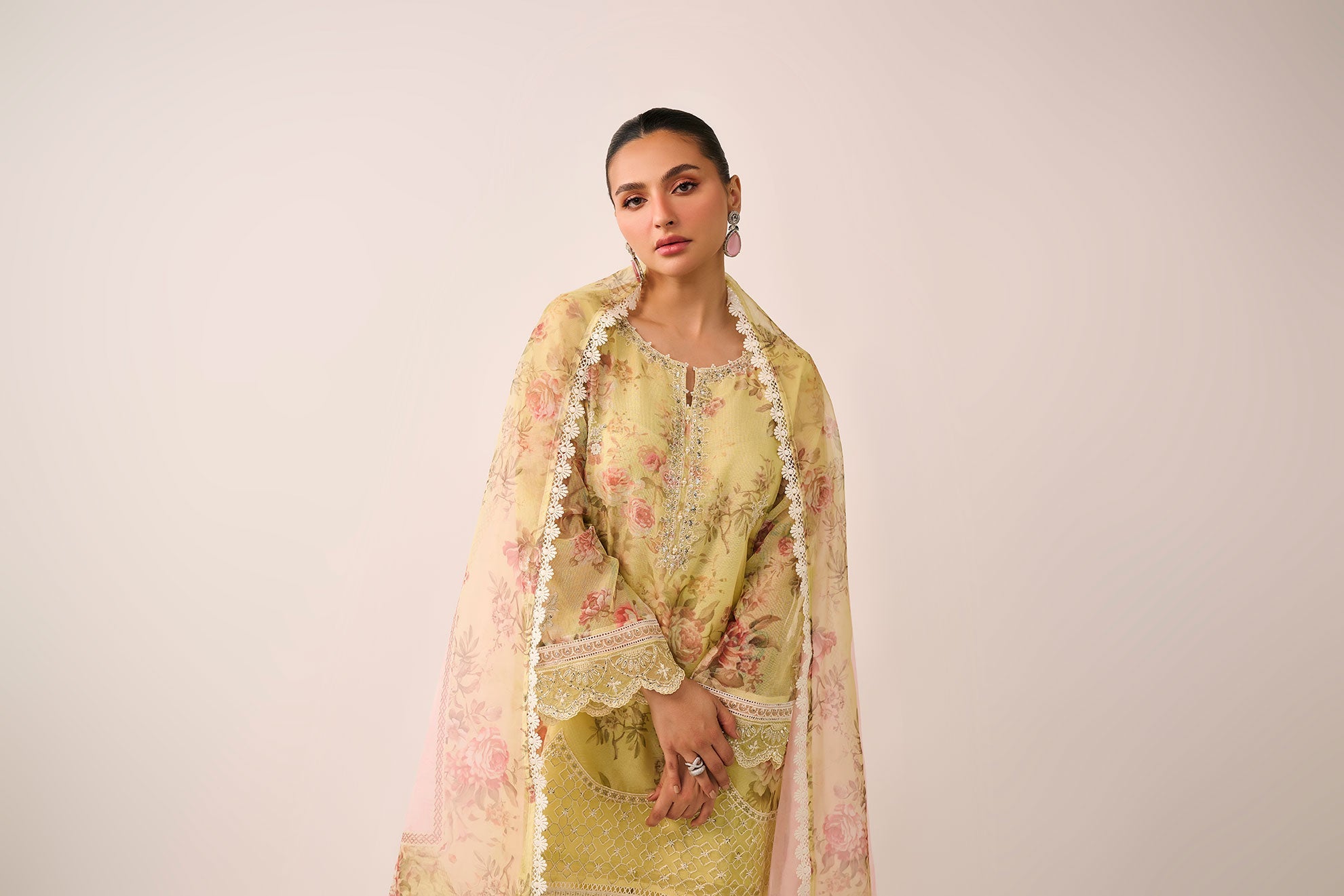 SS24DA-2466   LEMON YELLOW  2PCS  EMBROIDERED KURTA WITH TROUSER