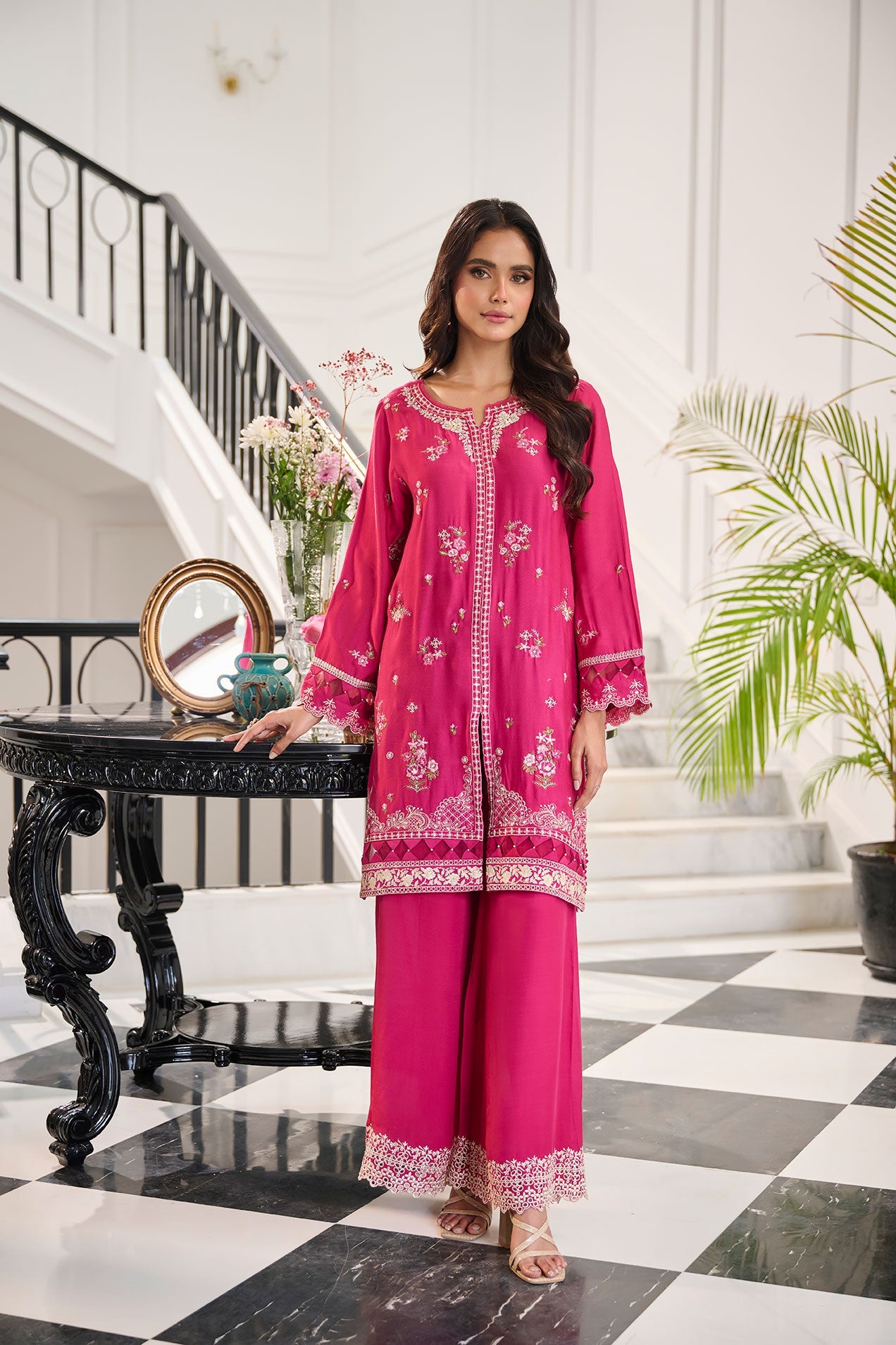 SS24DA-2379 PINK 2PCS  EMBROIDERED KURTA WITH TROUSER
