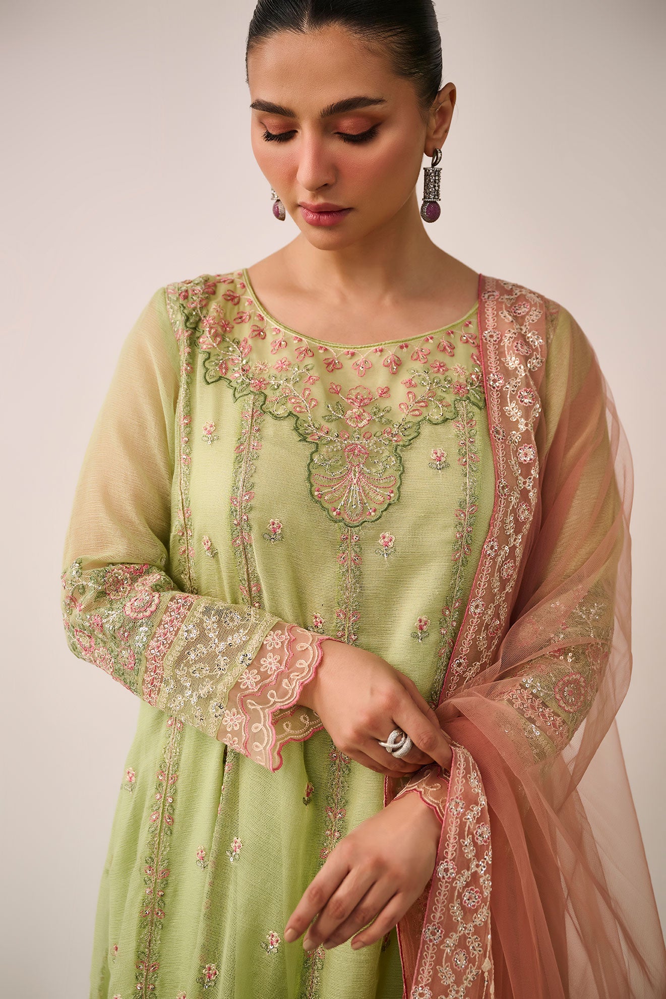 SS24DA-3195   L-GREEN  2PCS  EMBROIDERED KURTA WITH TROUSER