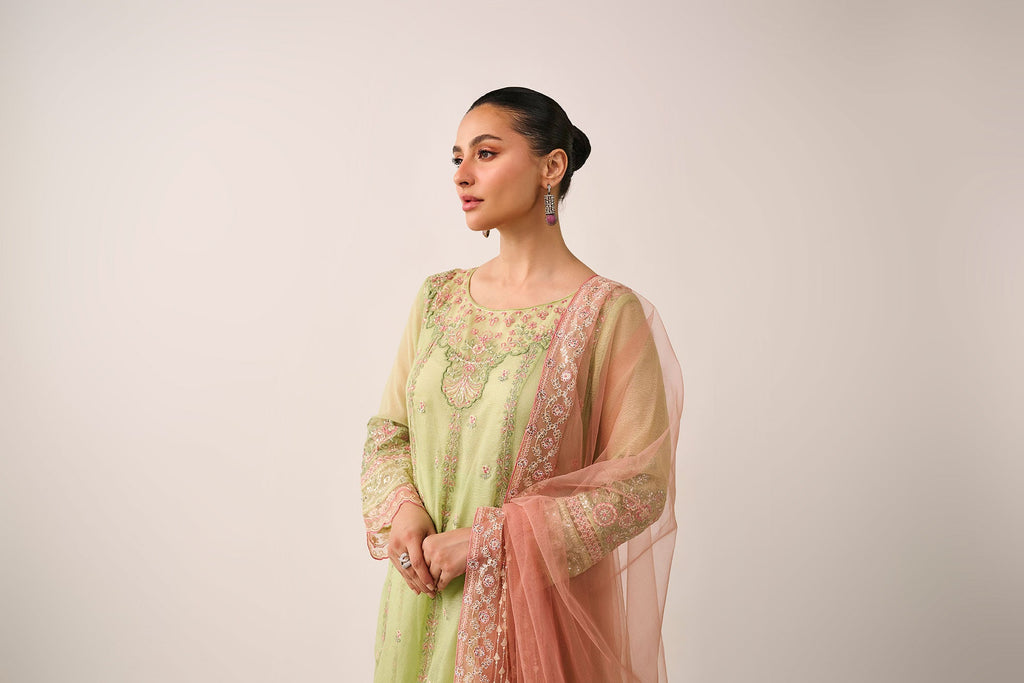 SS24DA-3195   L-GREEN  2PCS  EMBROIDERED KURTA WITH TROUSER