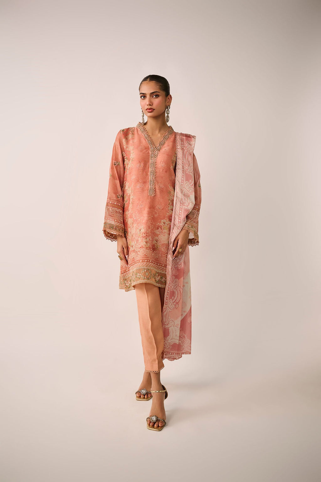 SS24DA-2477   RUST  2PCS  EMBROIDERED KURTA WITH TROUSER