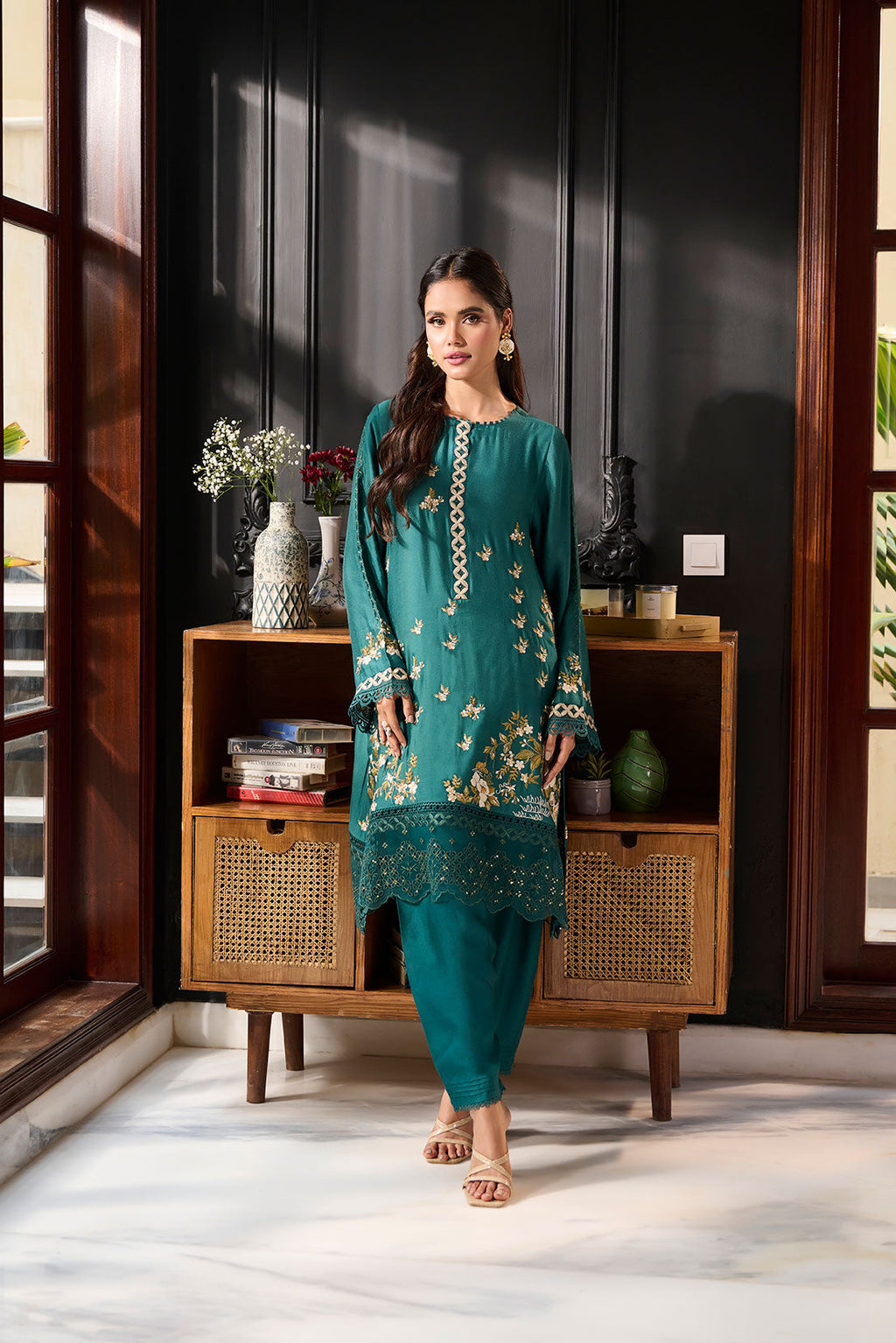 SS24DA-2384 DARK GREEN 2PCS  EMBROIDERED KURTA WITH TROUSER