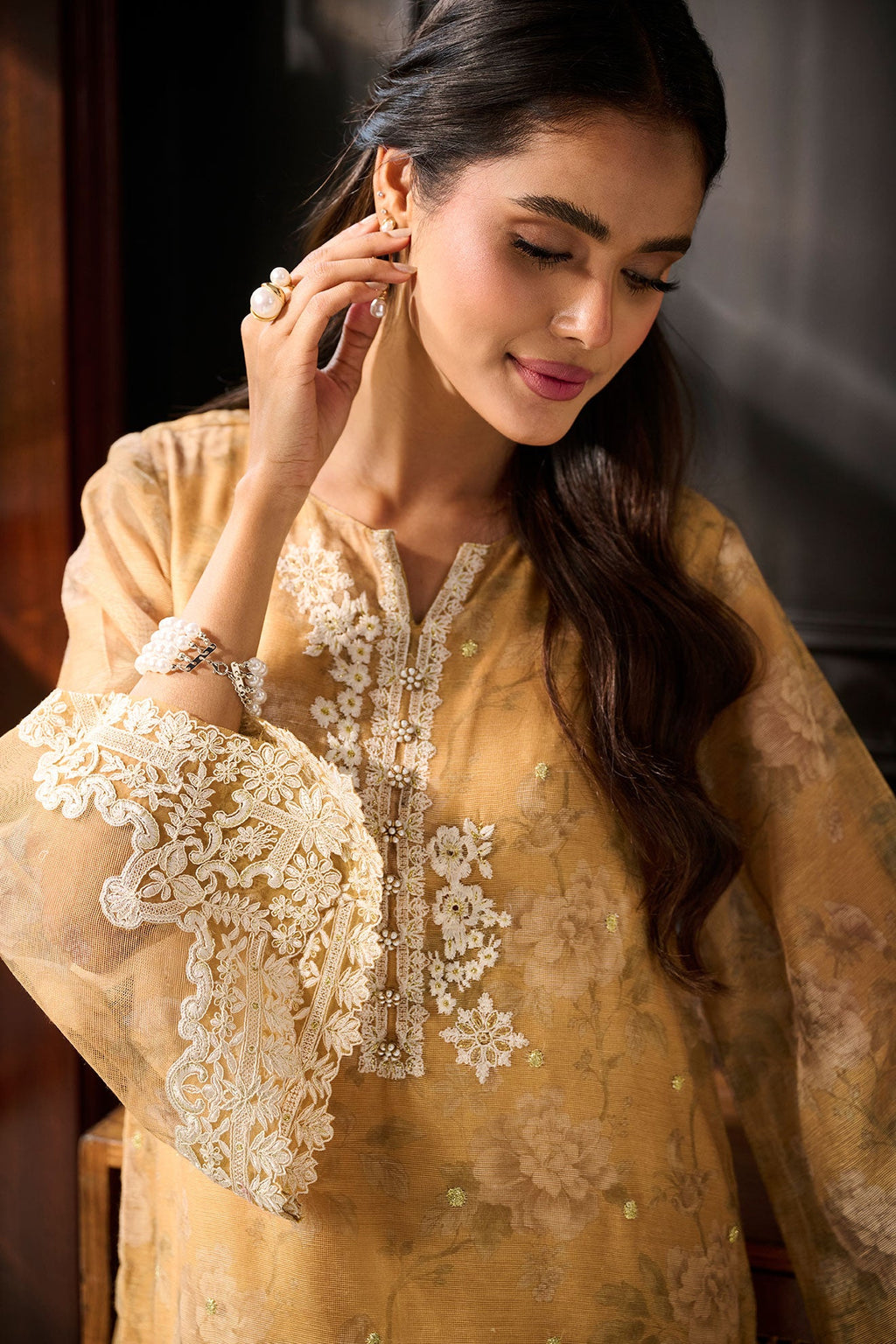 SS24DA-2386 MUSTARD 2PCS  EMBROIDERED KURTA WITH TROUSER