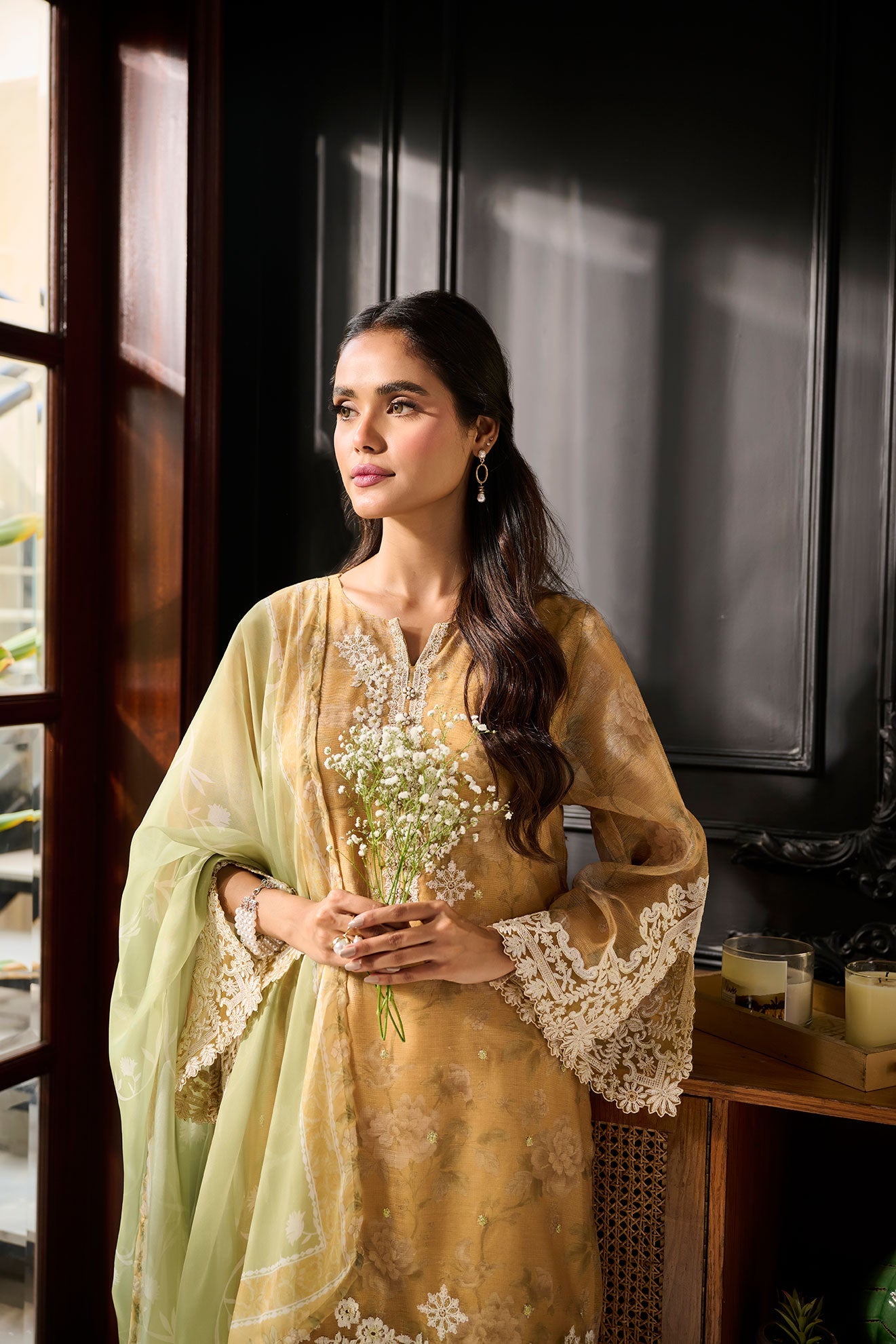 SS24DA-2386 MUSTARD 2PCS  EMBROIDERED KURTA WITH TROUSER