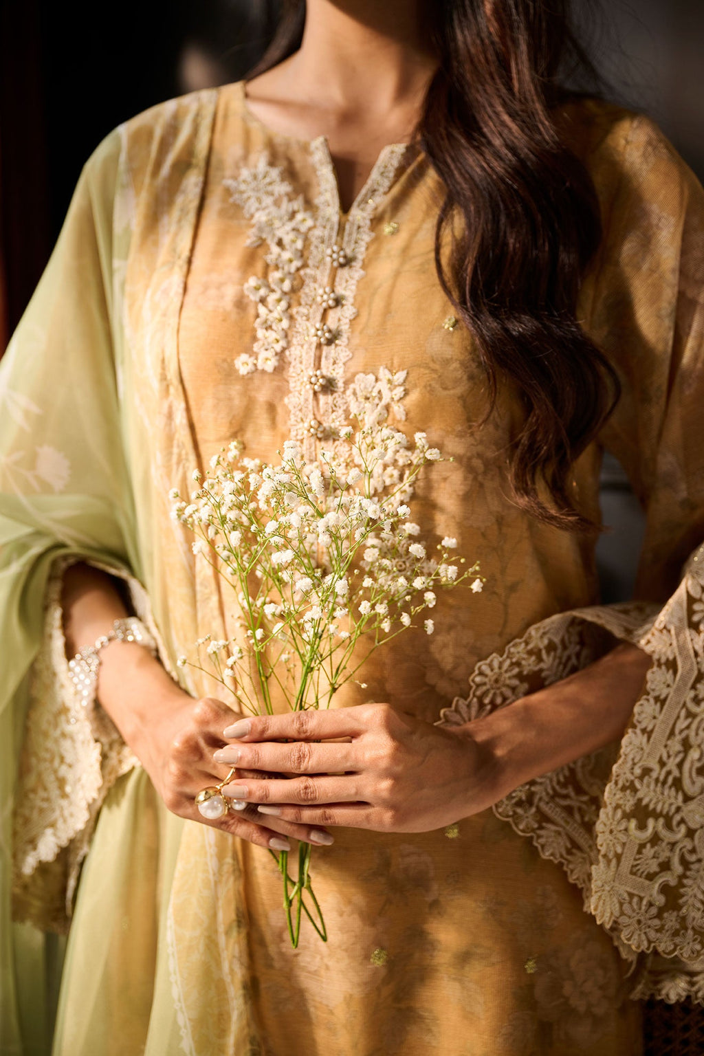 SS24DA-2386 MUSTARD 2PCS  EMBROIDERED KURTA WITH TROUSER
