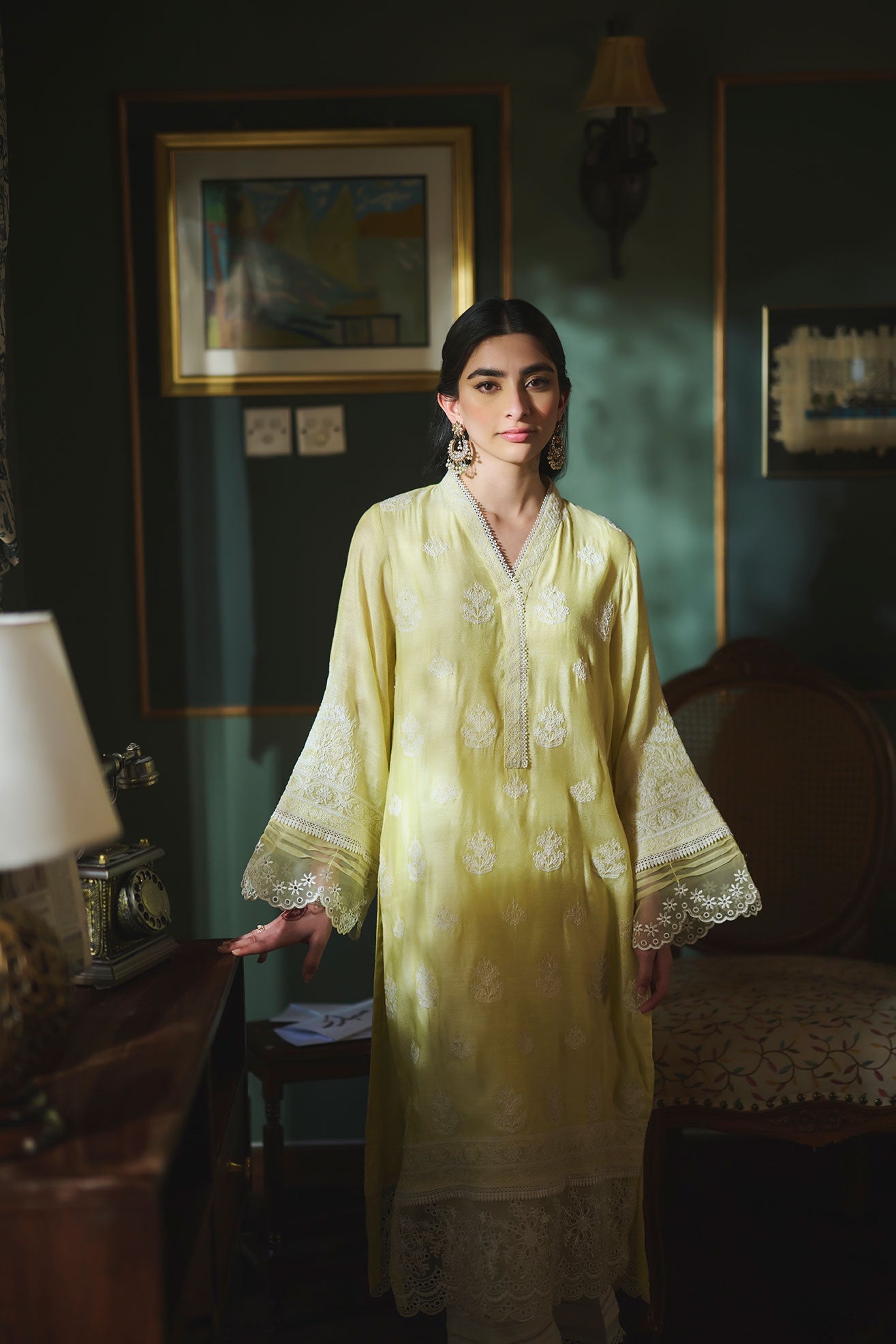 SS24DA-2389   LEMON YELLOW  2PCS  EMBROIDERED KURTA WITH TROUSER