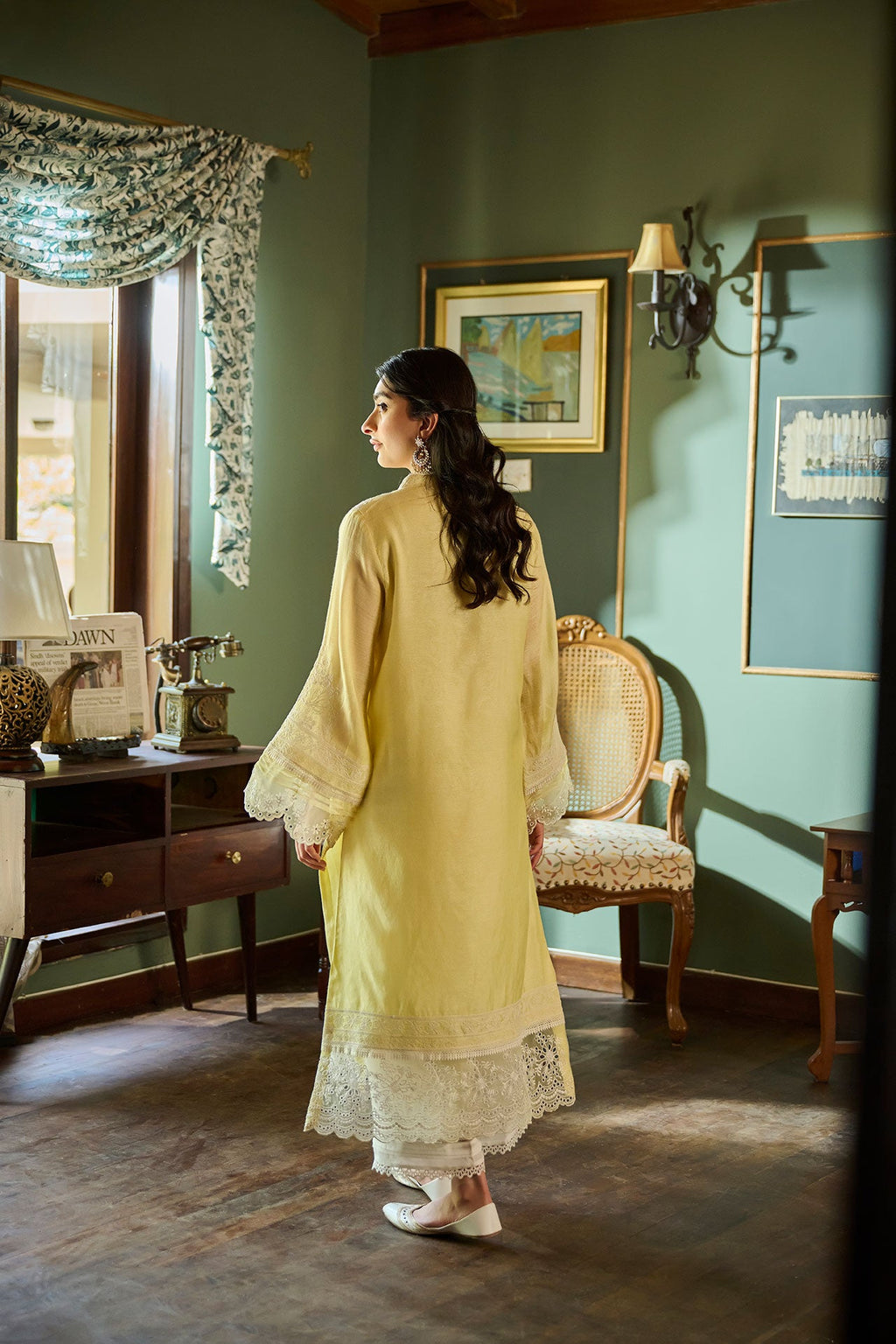 SS24DA-2389   LEMON YELLOW  2PCS  EMBROIDERED KURTA WITH TROUSER