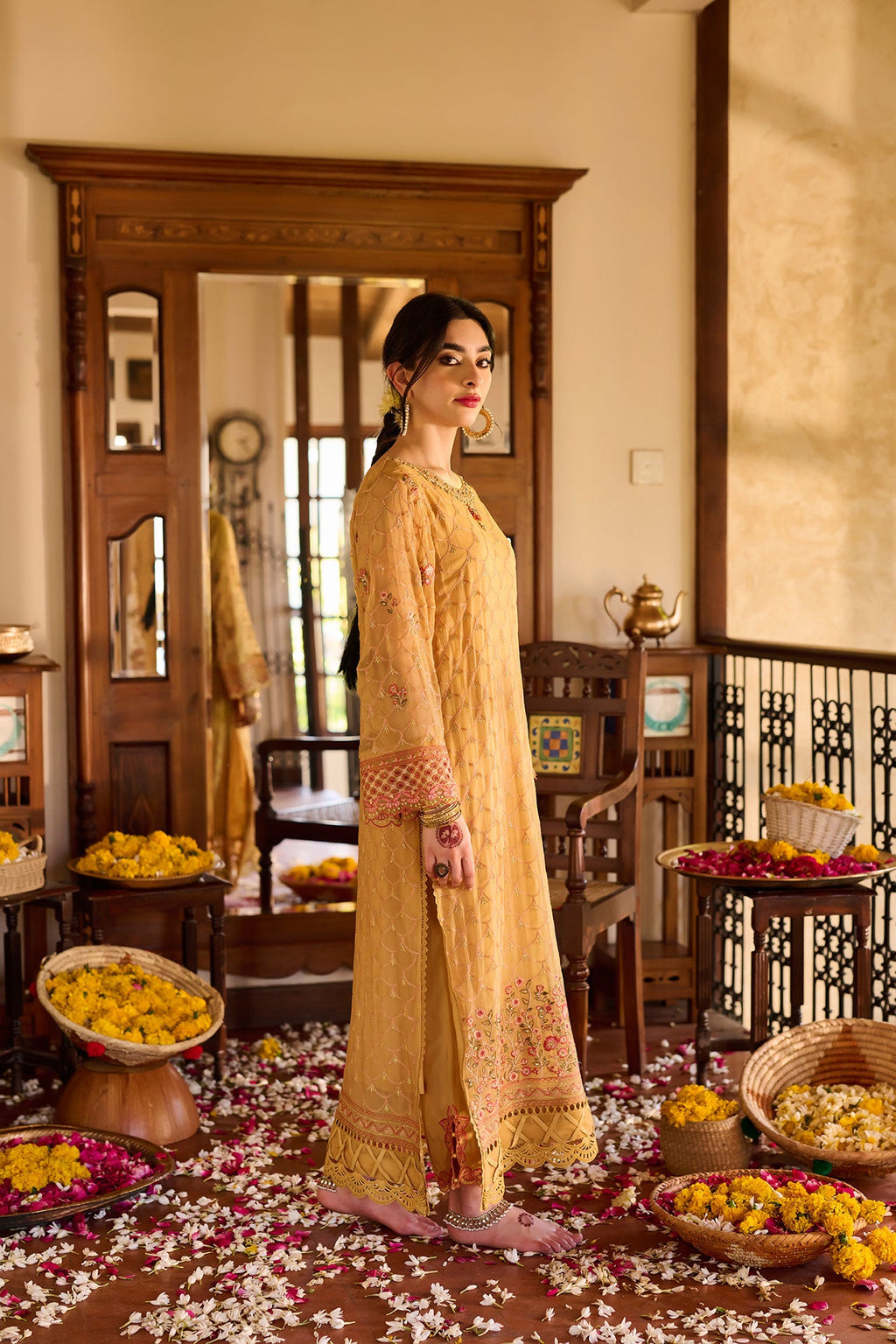 SS24DA-2376   MUSTARD  2PCS  EMBROIDERED KURTA WITH TROUSER