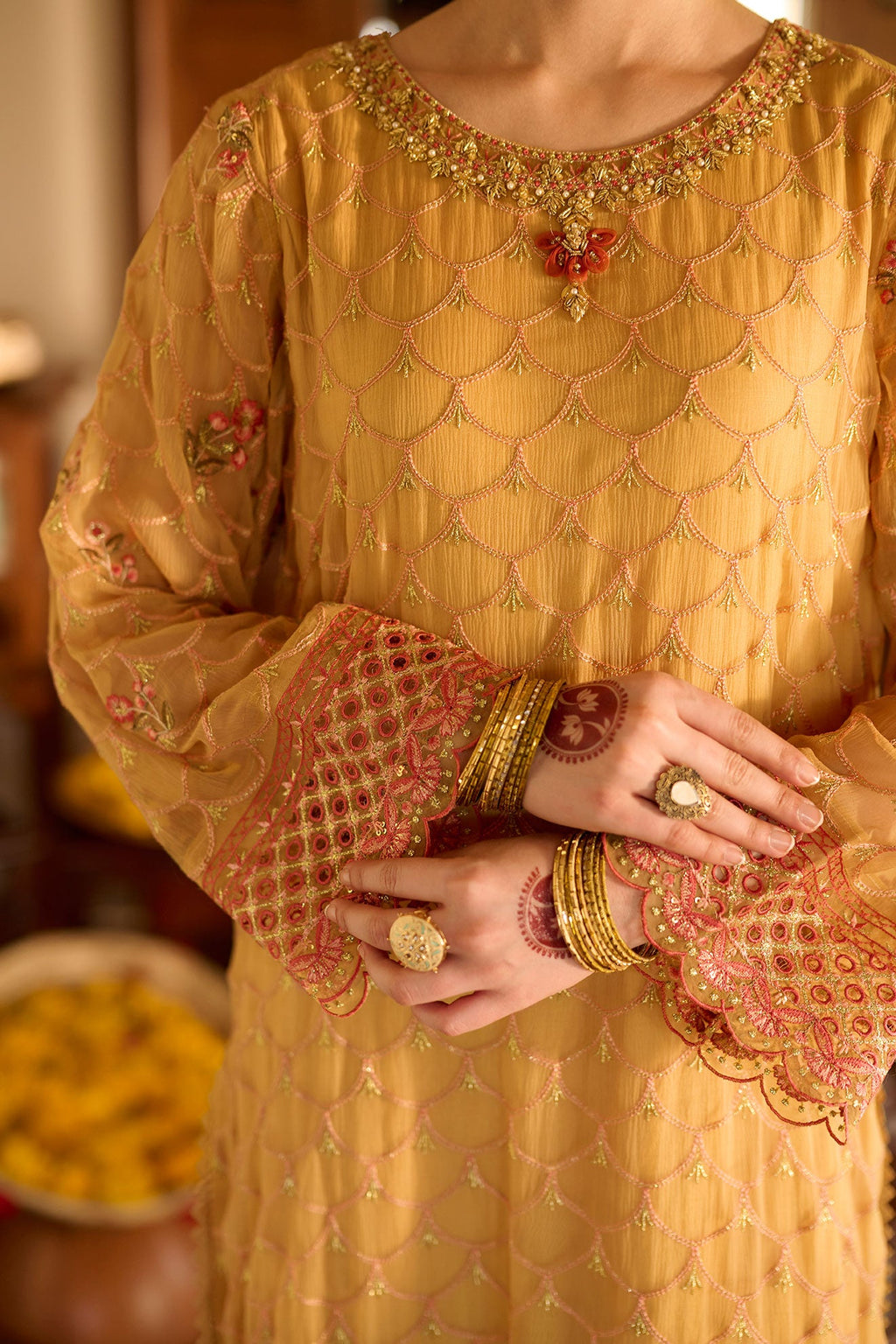 SS24DA-2376   MUSTARD  2PCS  EMBROIDERED KURTA WITH TROUSER