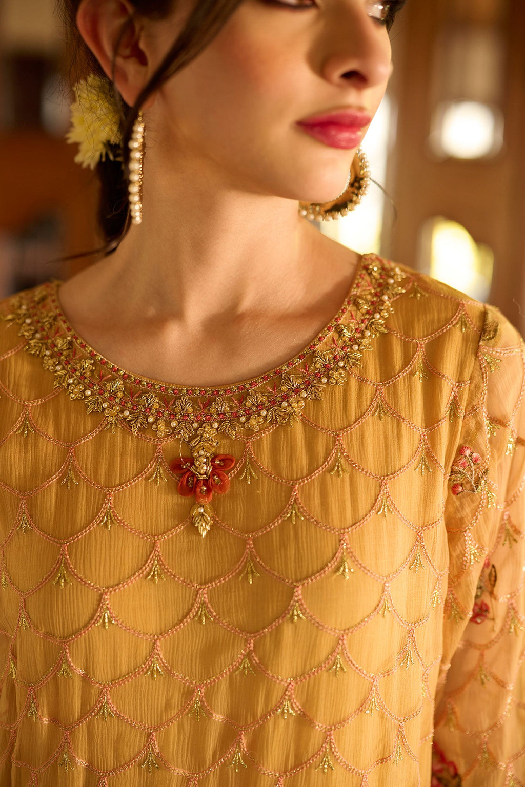 SS24DA-2376   MUSTARD  2PCS  EMBROIDERED KURTA WITH TROUSER