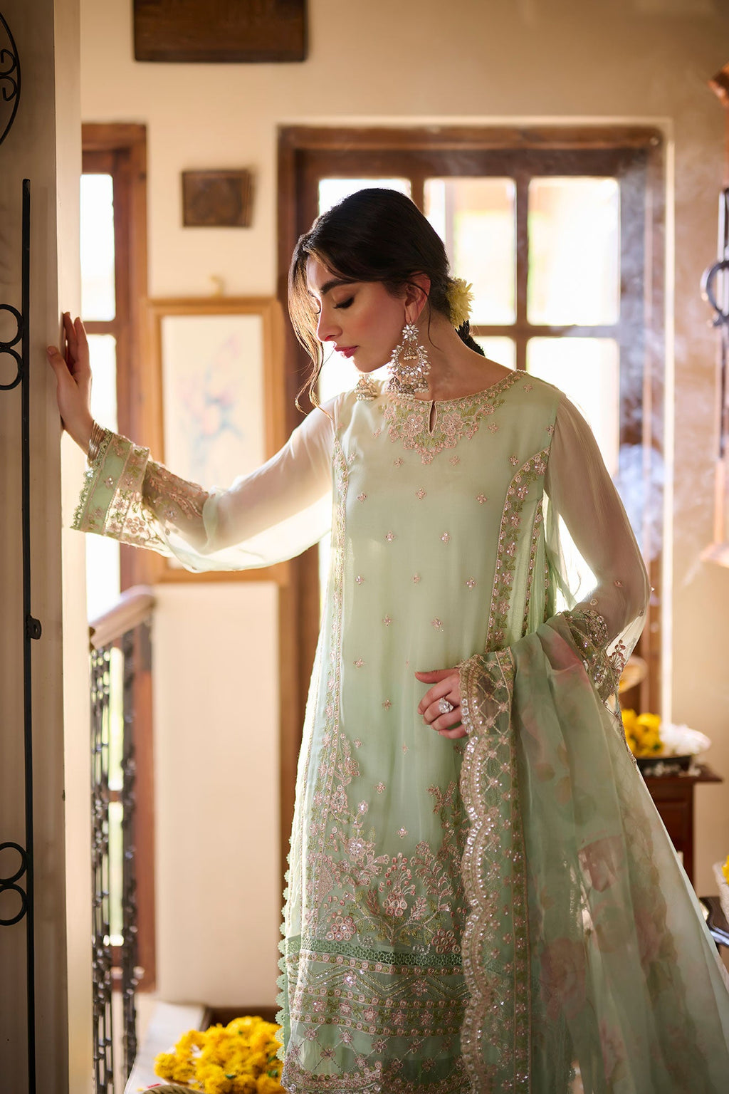 SS24DA-2362   LIGHT GREEN  2PCS  EMBROIDERED KURTA WITH TROUSER