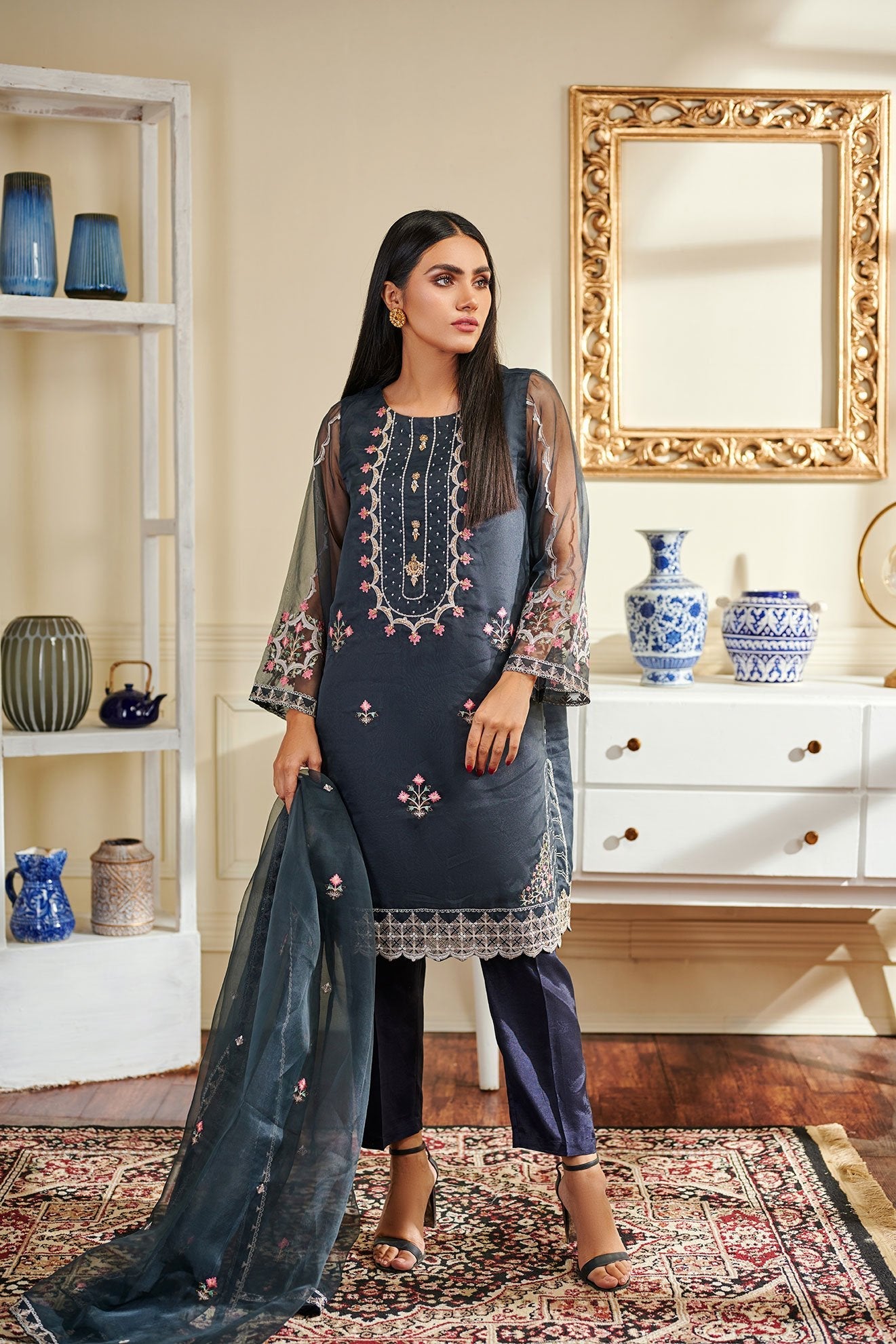 DA-1458 Grey EMBROIDERED KURTA WITH DUPATTA