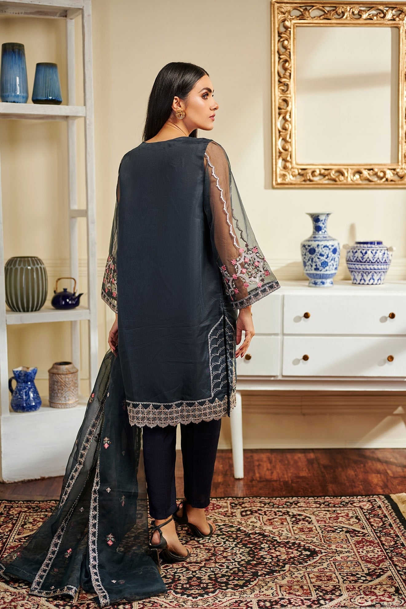 DA-1458 Grey EMBROIDERED KURTA WITH DUPATTA