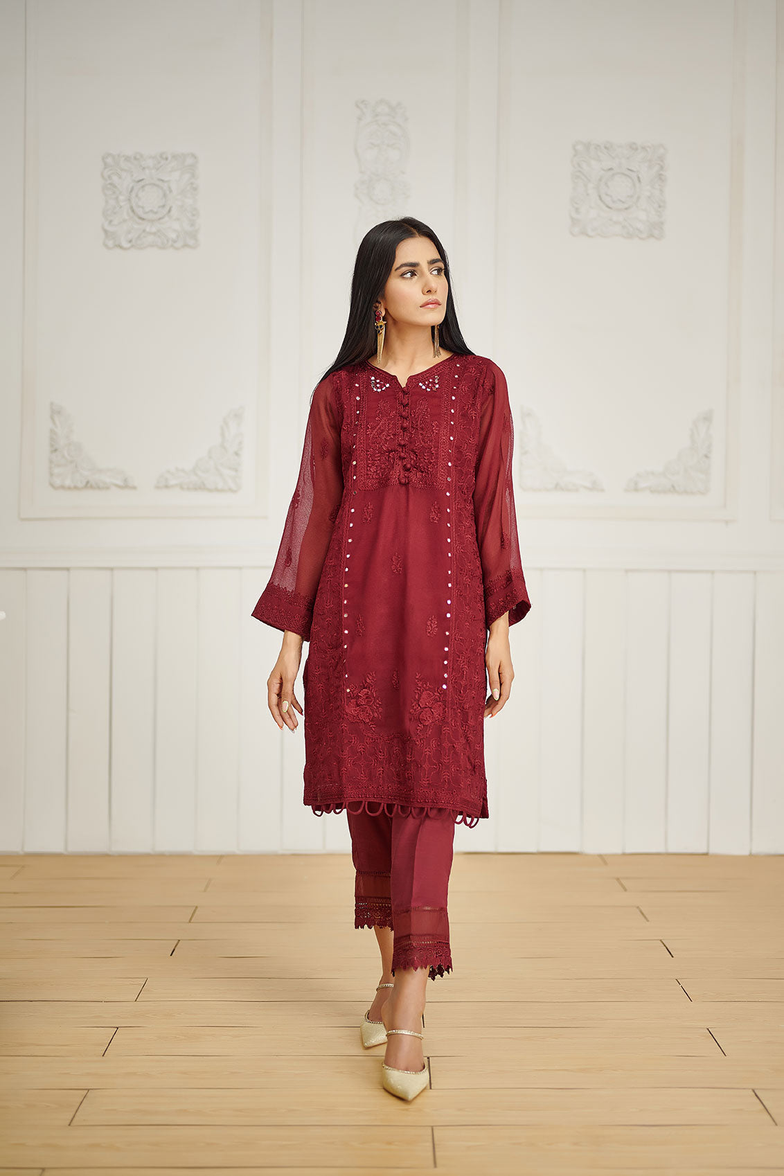 DA-1599 MAROON EMBROIDERED KURTA