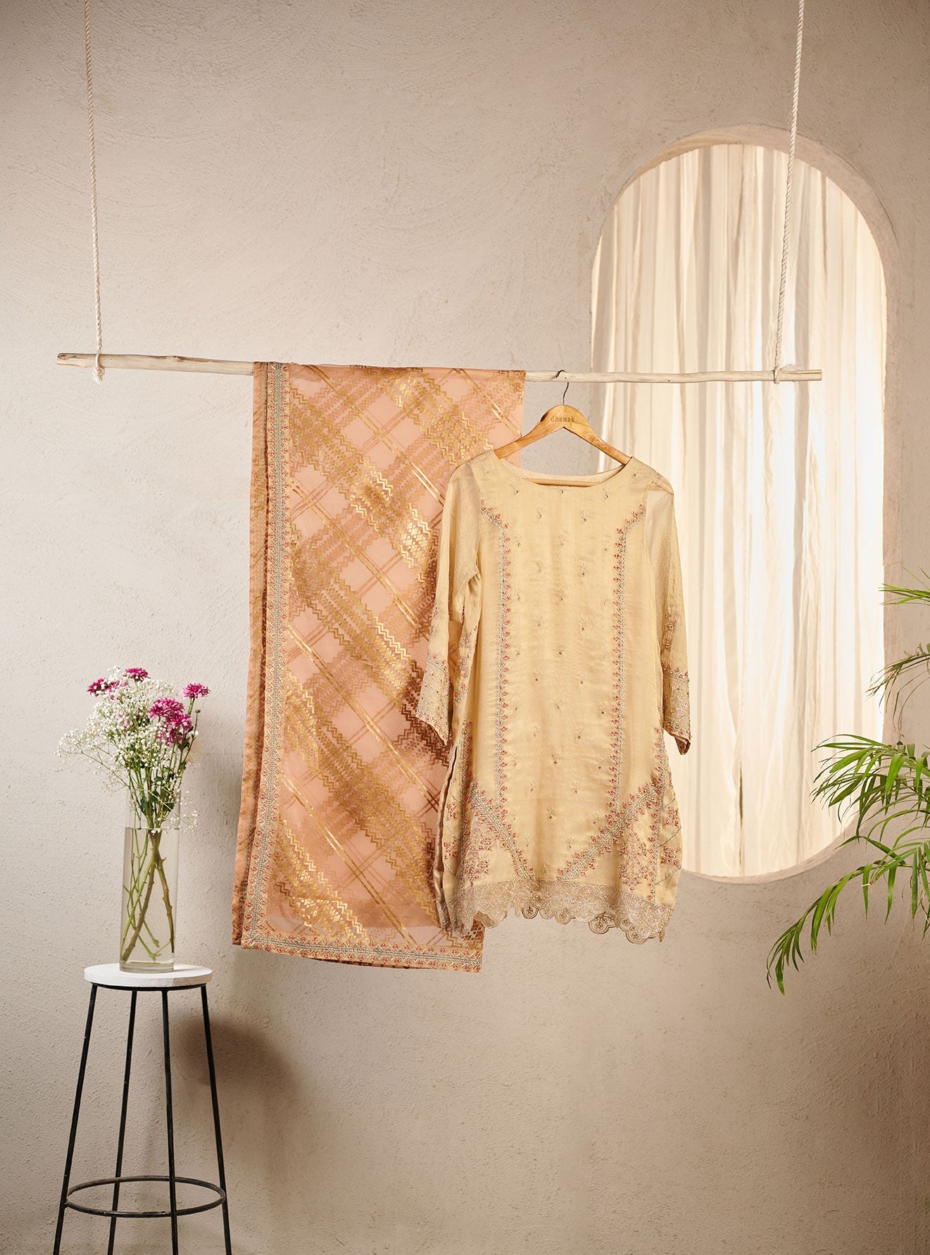 DA-2022 BEIGE EMBROIDERED KURTA WITH DUPATTA