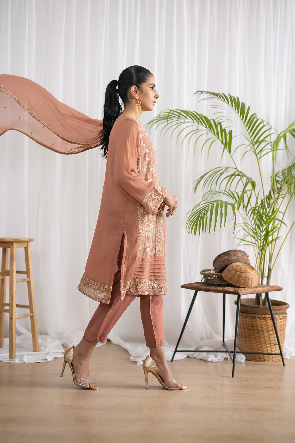 DA-2046 RUST EMBROIDERED KURTA WITH DUPATTA