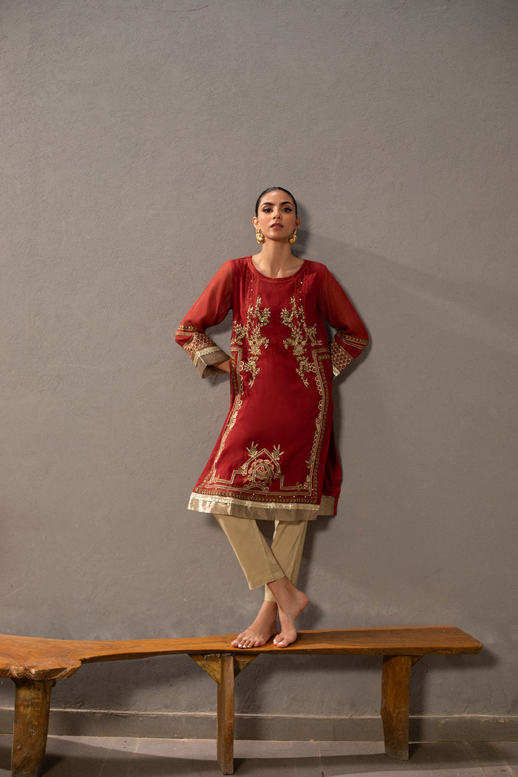 DA-2060 RUST EMBROIDERED KURTA