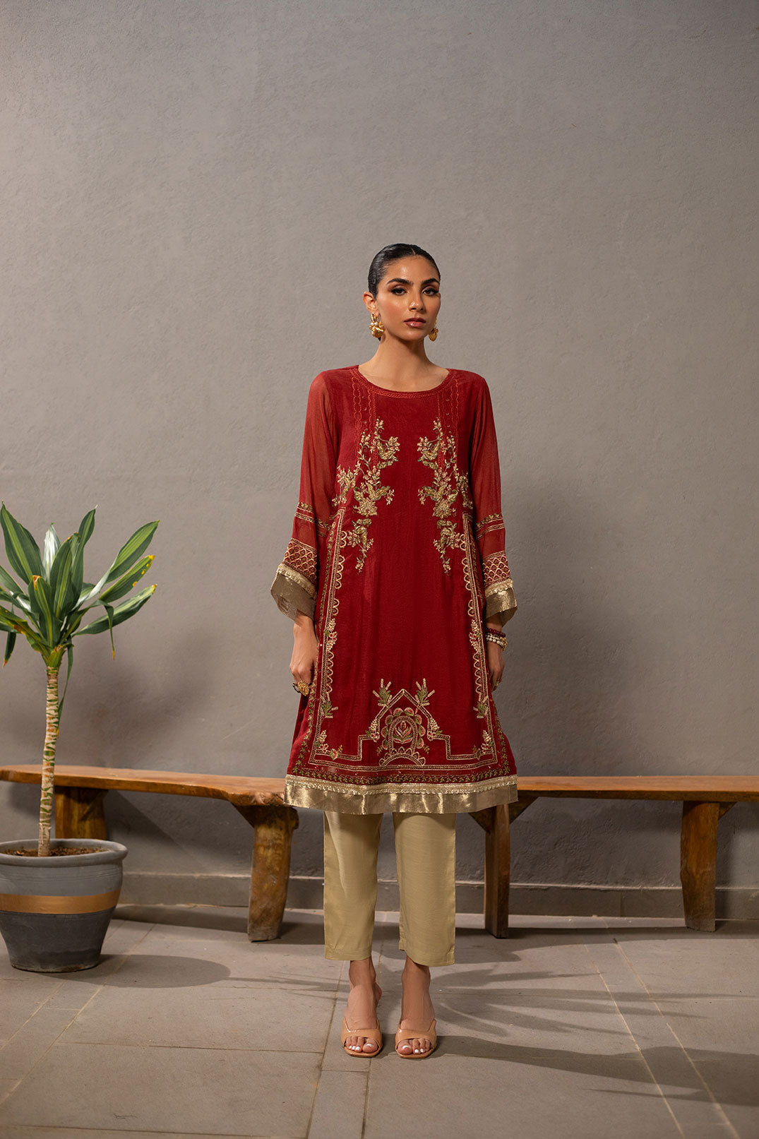 DA-2060 RUST EMBROIDERED KURTA