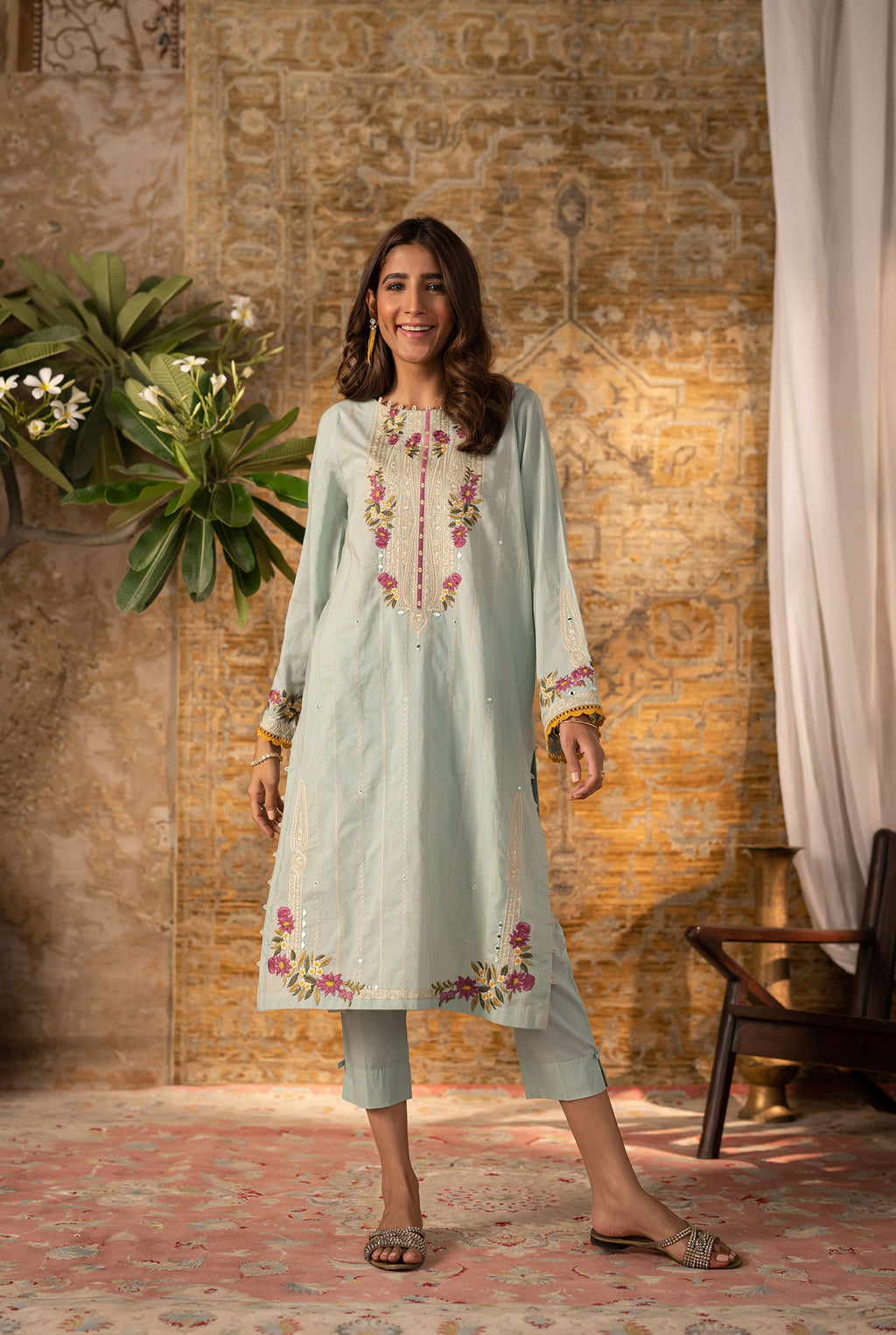 DC-2064 AQUA BLUE 2PCS  EMBROIDERED KURTA WITH TROUSER
