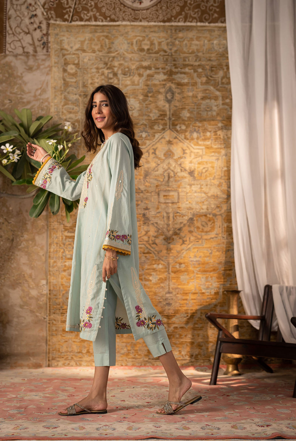 DC-2064 AQUA BLUE 2PCS  EMBROIDERED KURTA WITH TROUSER