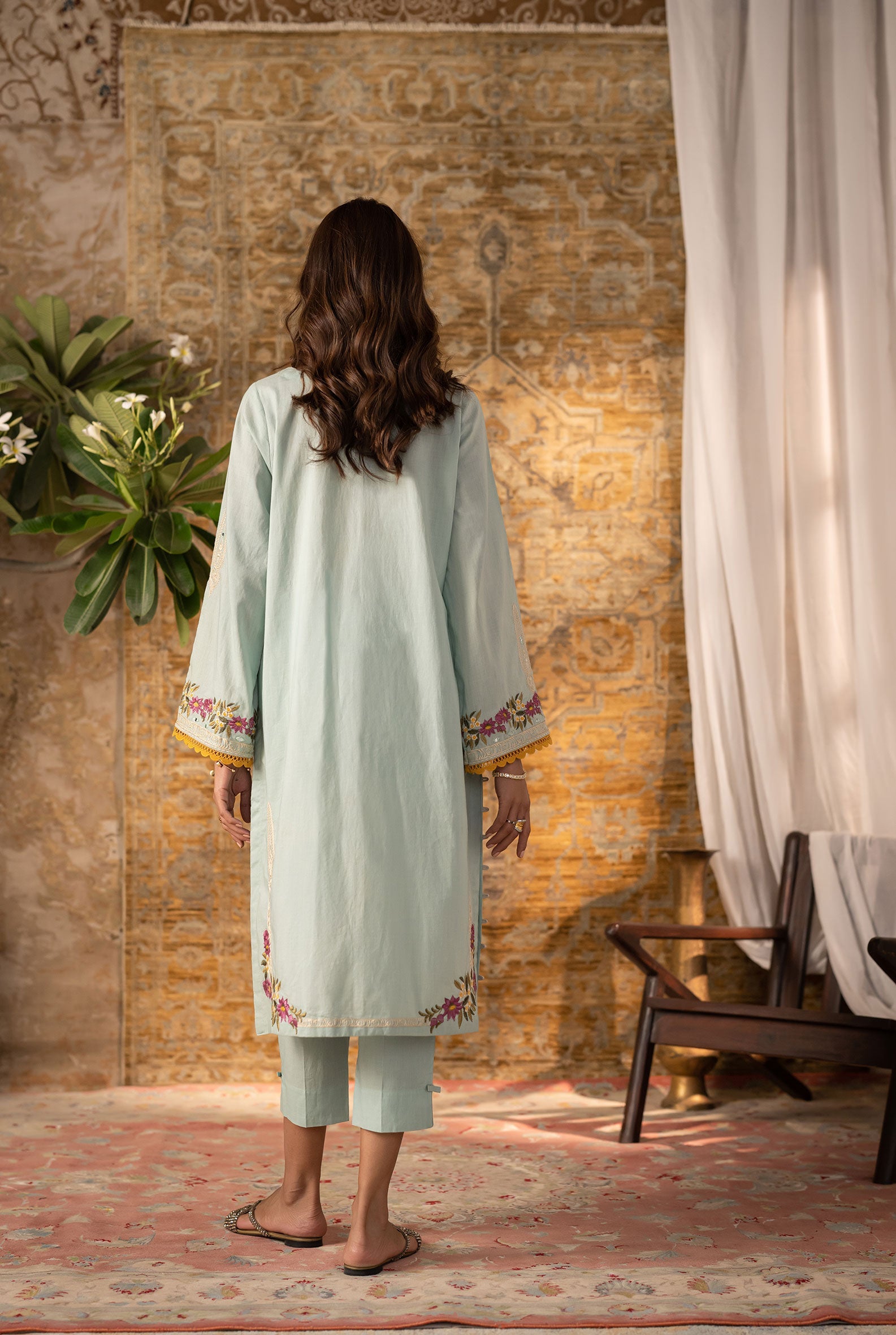DC-2064 AQUA BLUE 2PCS  EMBROIDERED KURTA WITH TROUSER