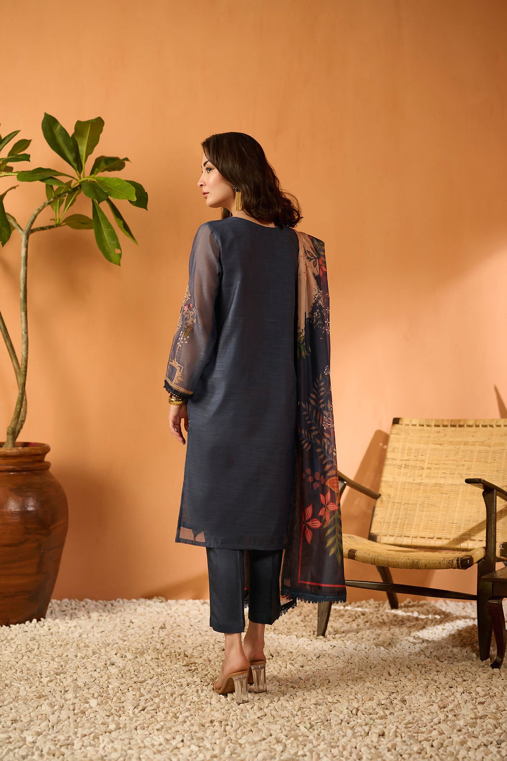 DA-2063 NAVY BLUE EMBROIDERED KURTA WITH DUPATTA