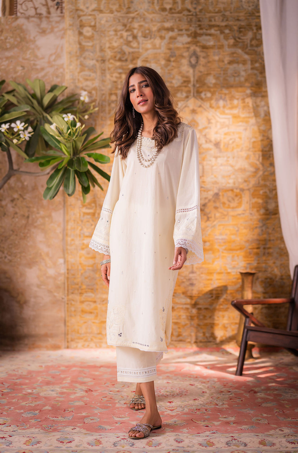 DC-2065 LEMON YELLOW 2PCS  EMBROIDERED KURTA WITH TROUSER