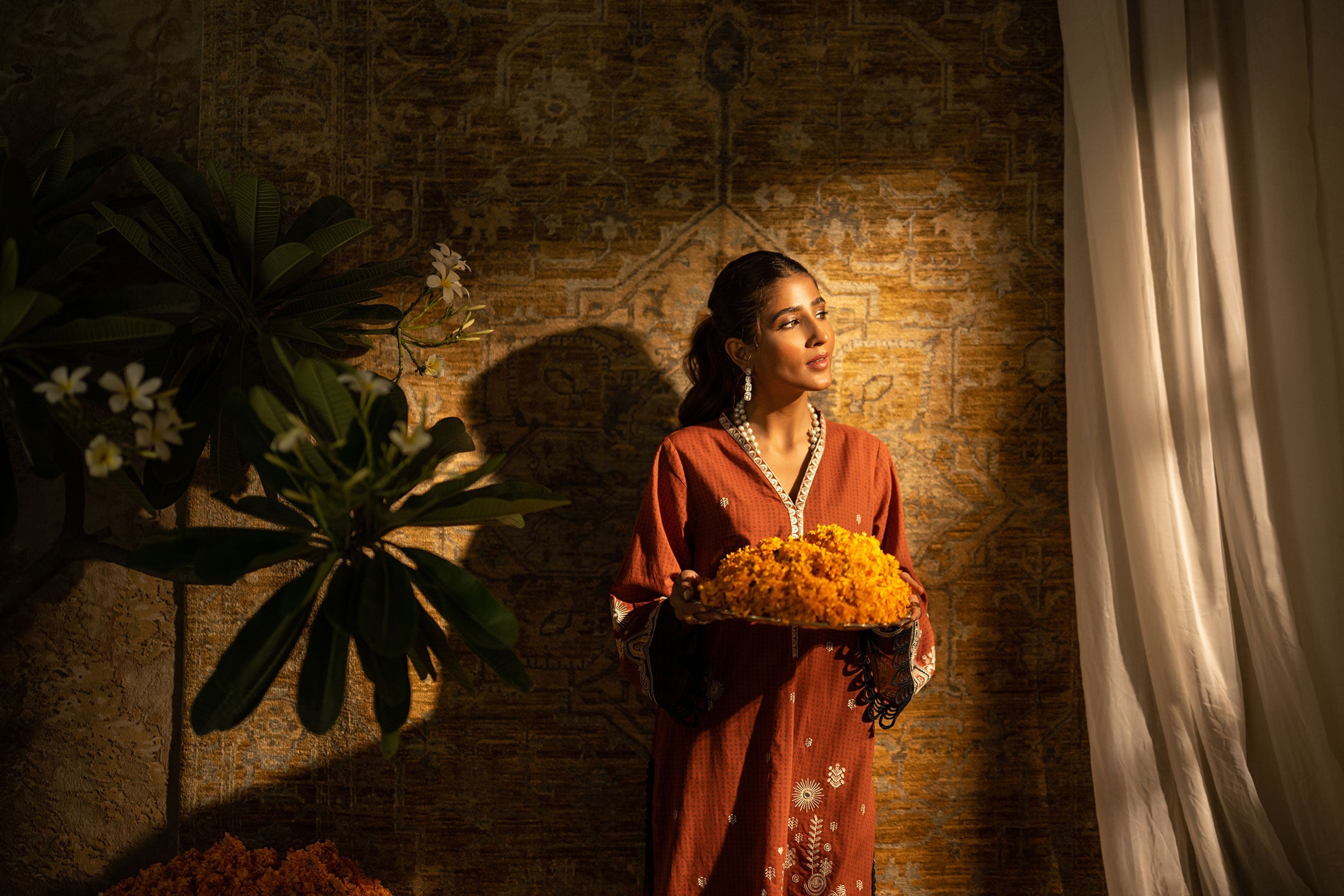 DC-2066 RUST 2PCS  EMBROIDERED KURTA WITH TROUSER