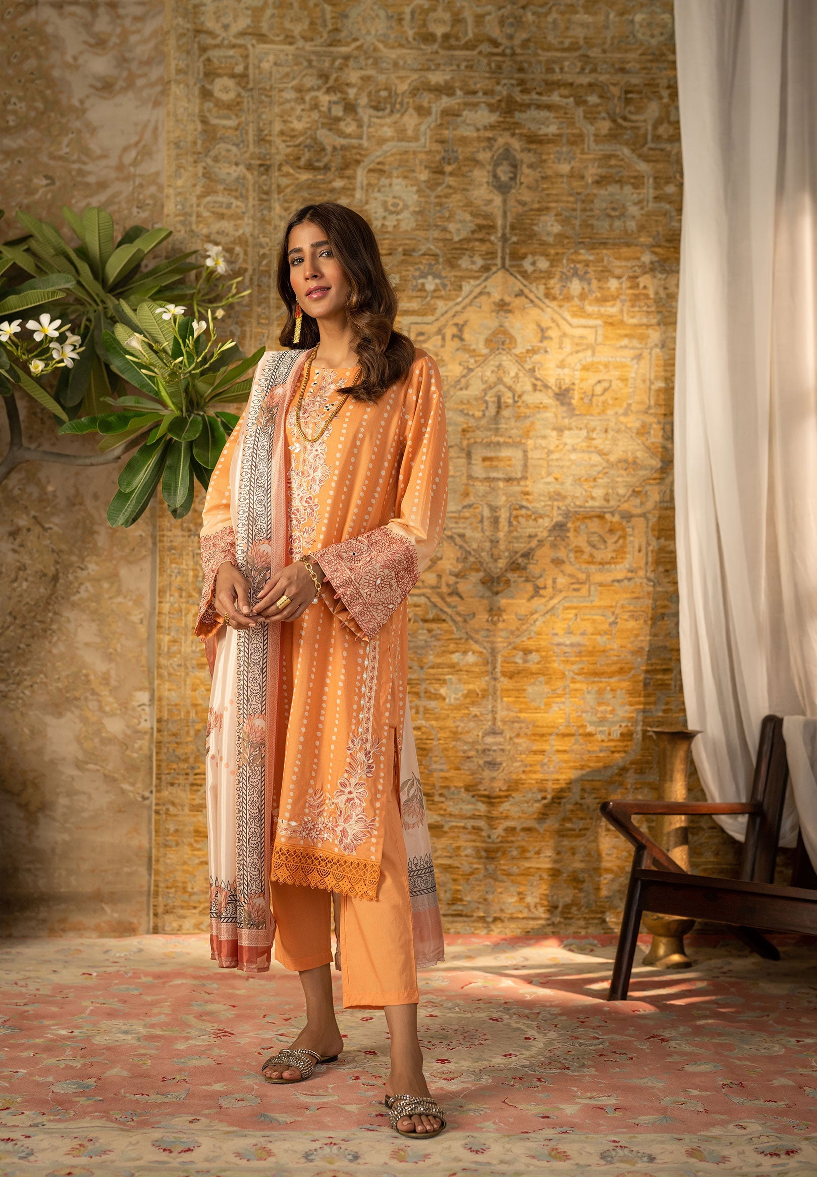DC-2068 ORANGE 2PCS EMBROIDERED KURTA WITH DUPATTA