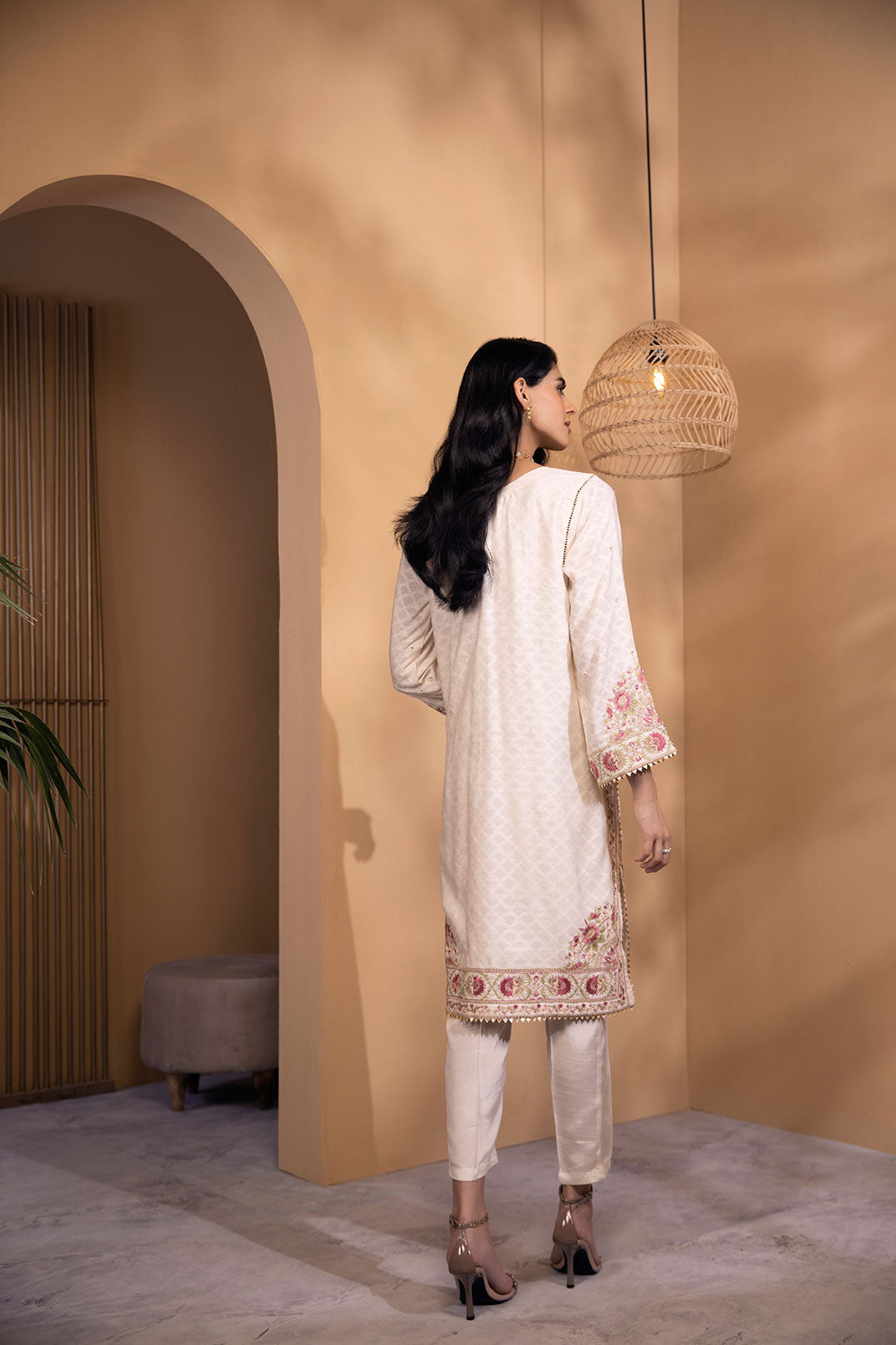 DA-2080 OFF WHITE 2PCS  EMBROIDERED KURTA WITH DUPATTA