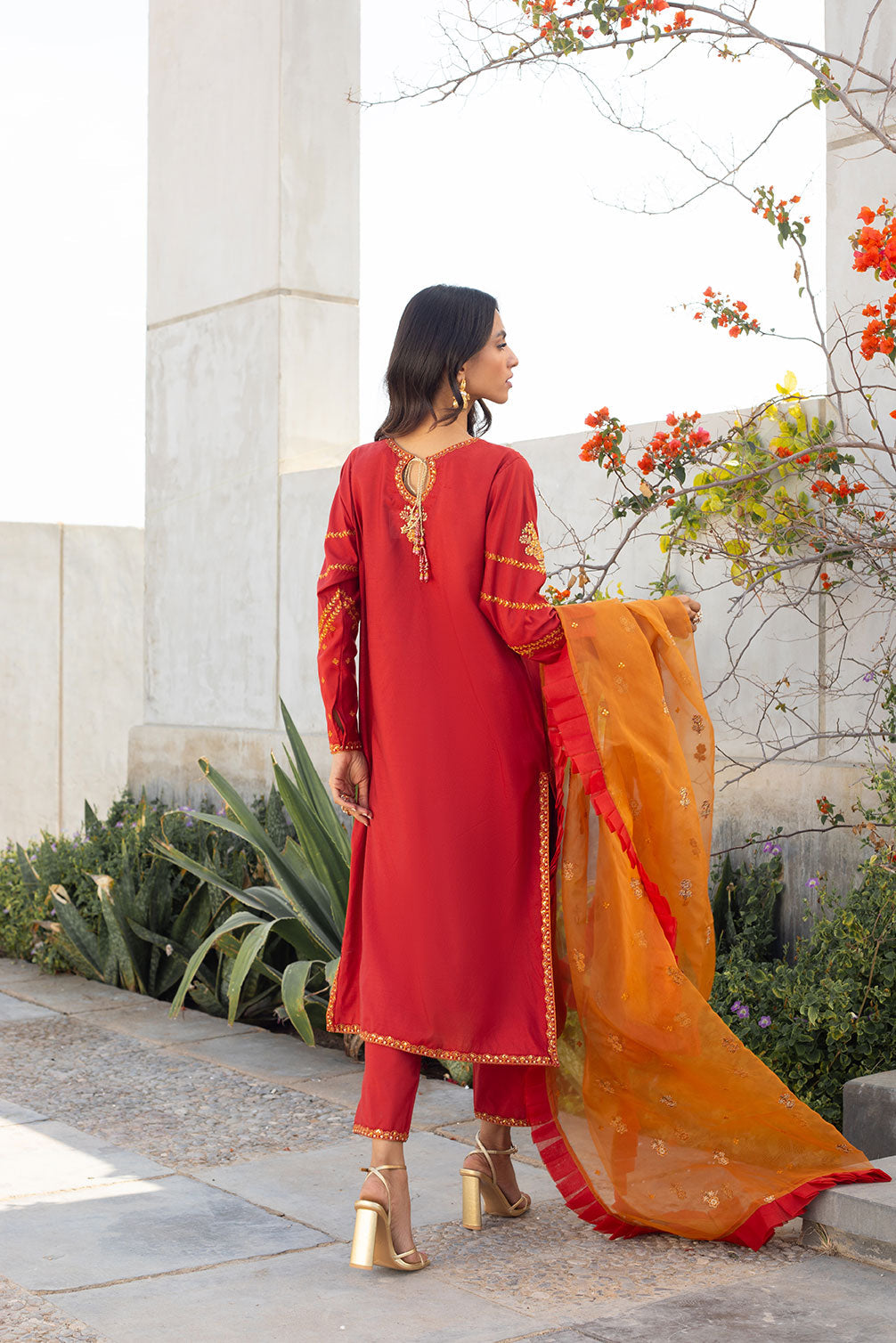 SS24DA-2285 RUST EMBROIDERED KURTA WITH TROUSER