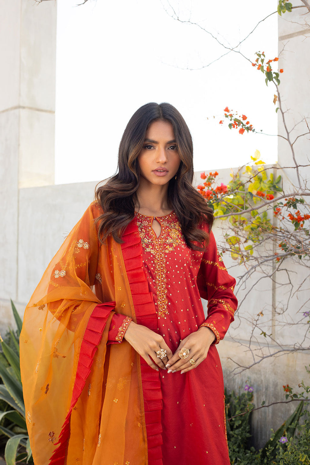 SS24DA-2285 RUST EMBROIDERED KURTA WITH TROUSER