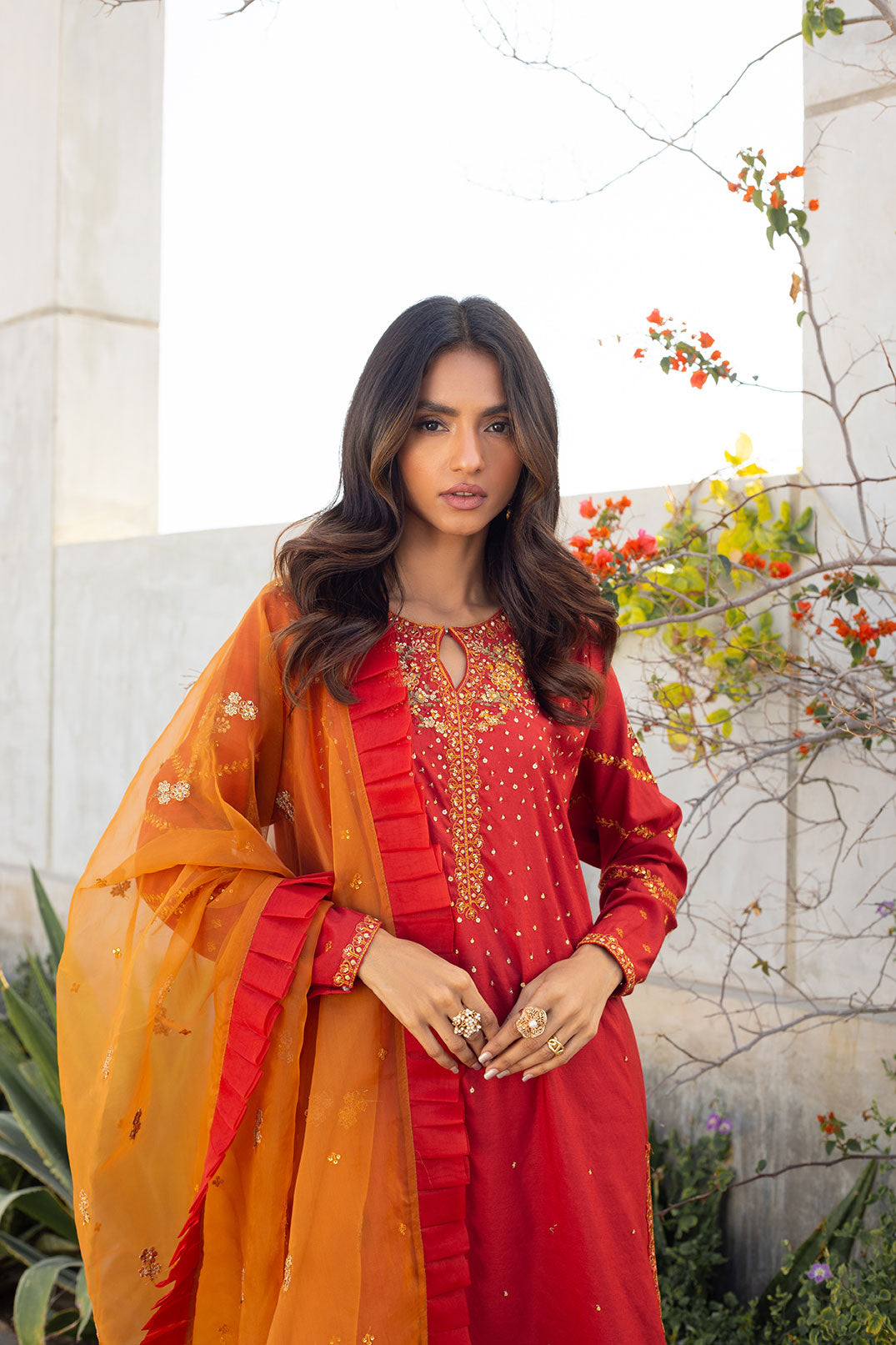 SS24DA-2285 RUST EMBROIDERED KURTA WITH TROUSER