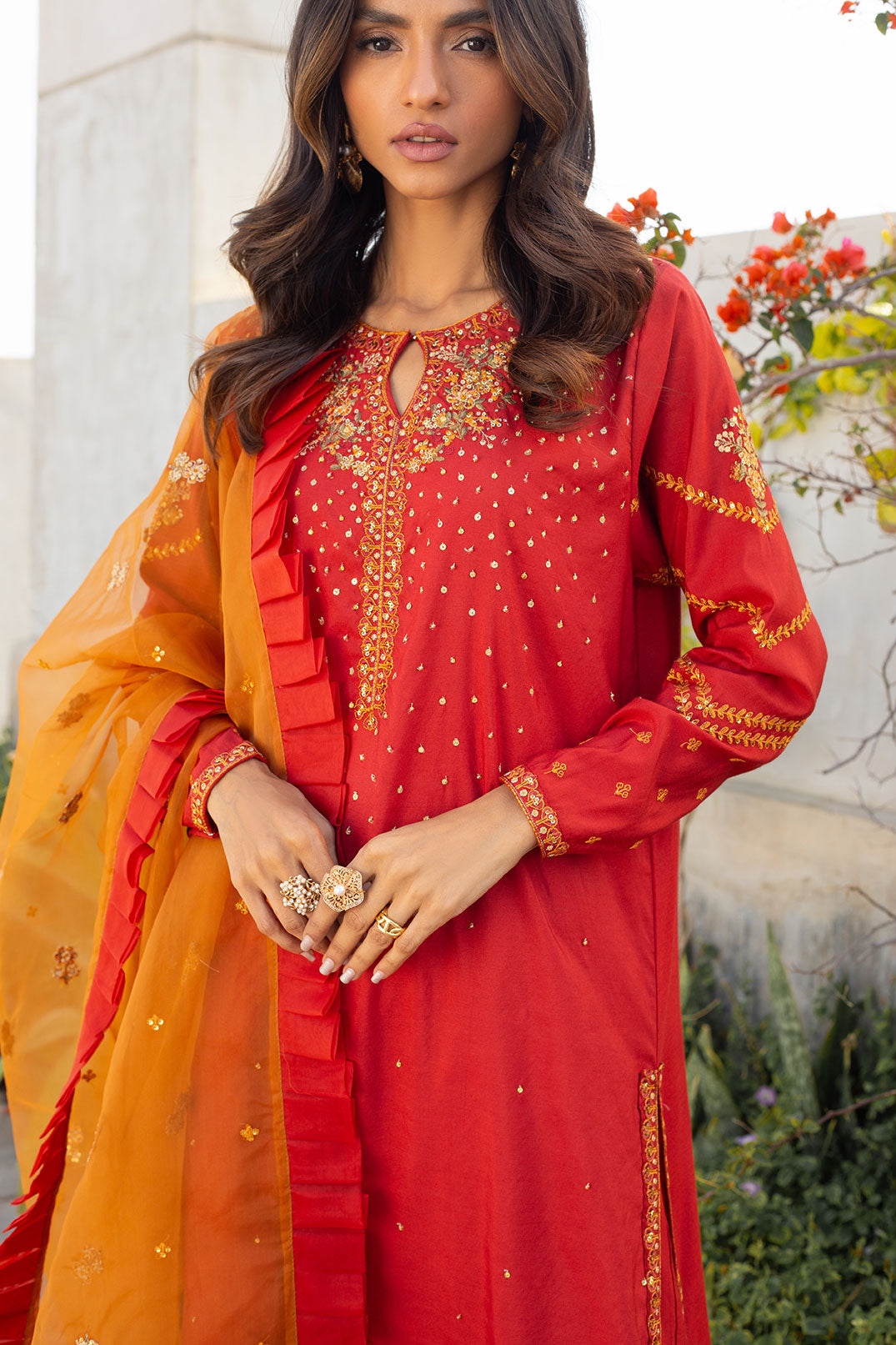SS24DA-2285 RUST EMBROIDERED KURTA WITH TROUSER