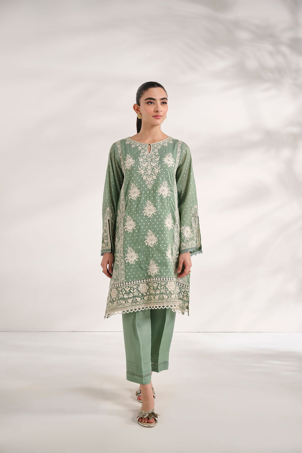 SS24DA-2589   GREEN  2PCS  EMBROIDERED KURTA WITH TROUSER
