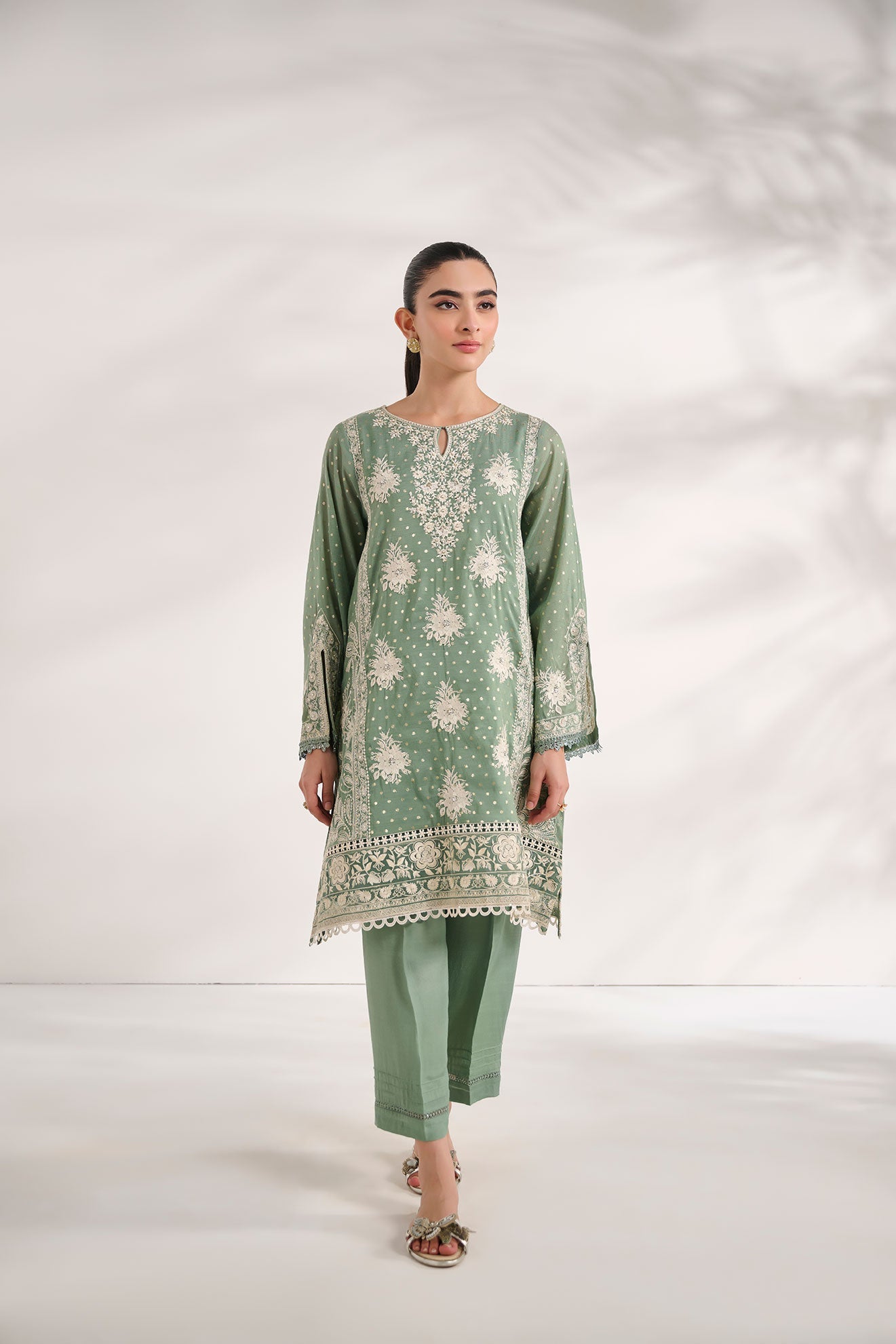 SS24DA-2589   GREEN  2PCS  EMBROIDERED KURTA WITH TROUSER