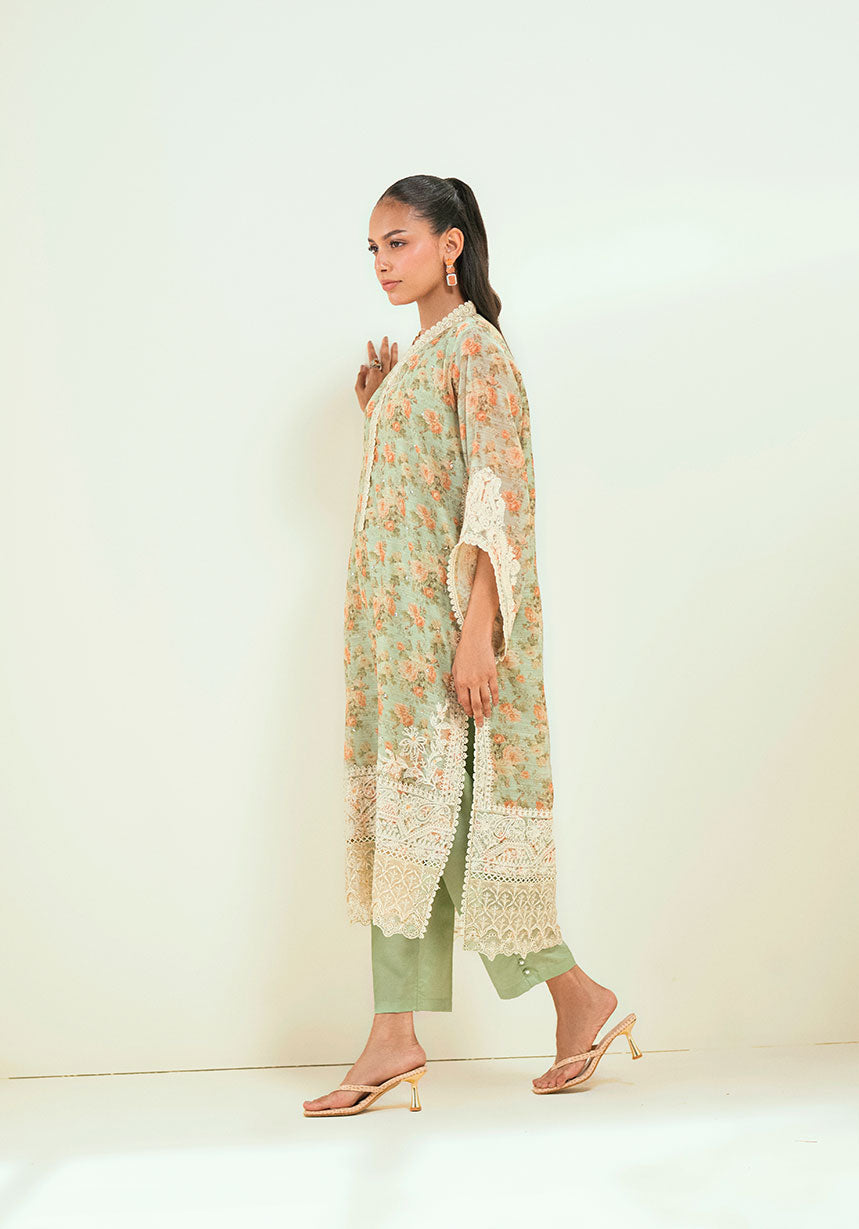 SS24DA-2590   GREEN  2PCS  EMBROIDERED KURTA WITH TROUSER